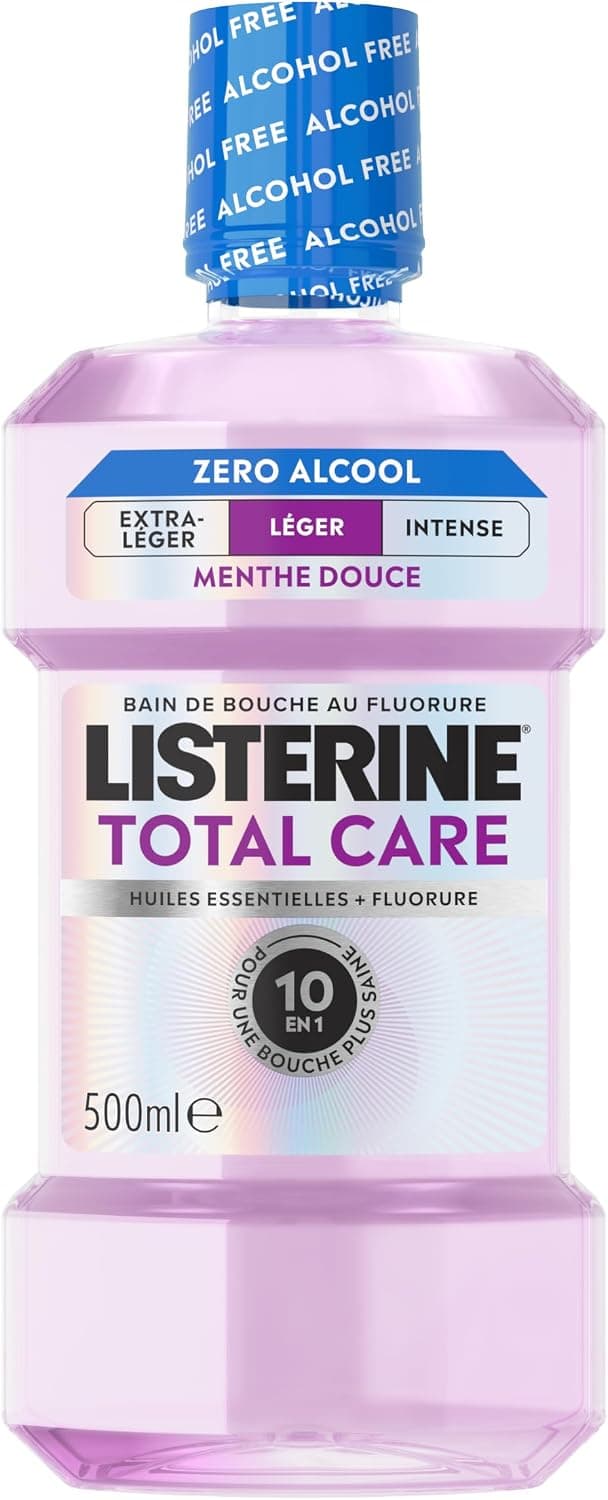 Listerine Bain de Bouche Total Care Sans Alcool Goût Léger 500 ml | Hygiène bucco-dentaire complète et protection contre les caries - Haleine fraîche - Avec fluorure - Menthe douce