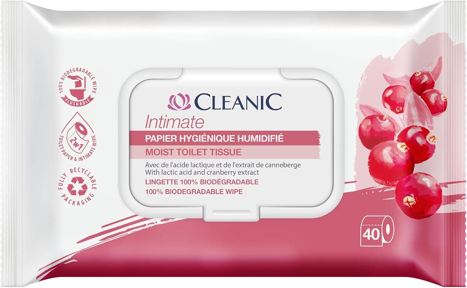 Cleanic Intimate Papier Humidifié Jetable - (40 Pièces) Papier Humidifié - Combiné avec lingette, rafraîchit zone intime, extrait canneberge et prébiotique - 40 Pièces