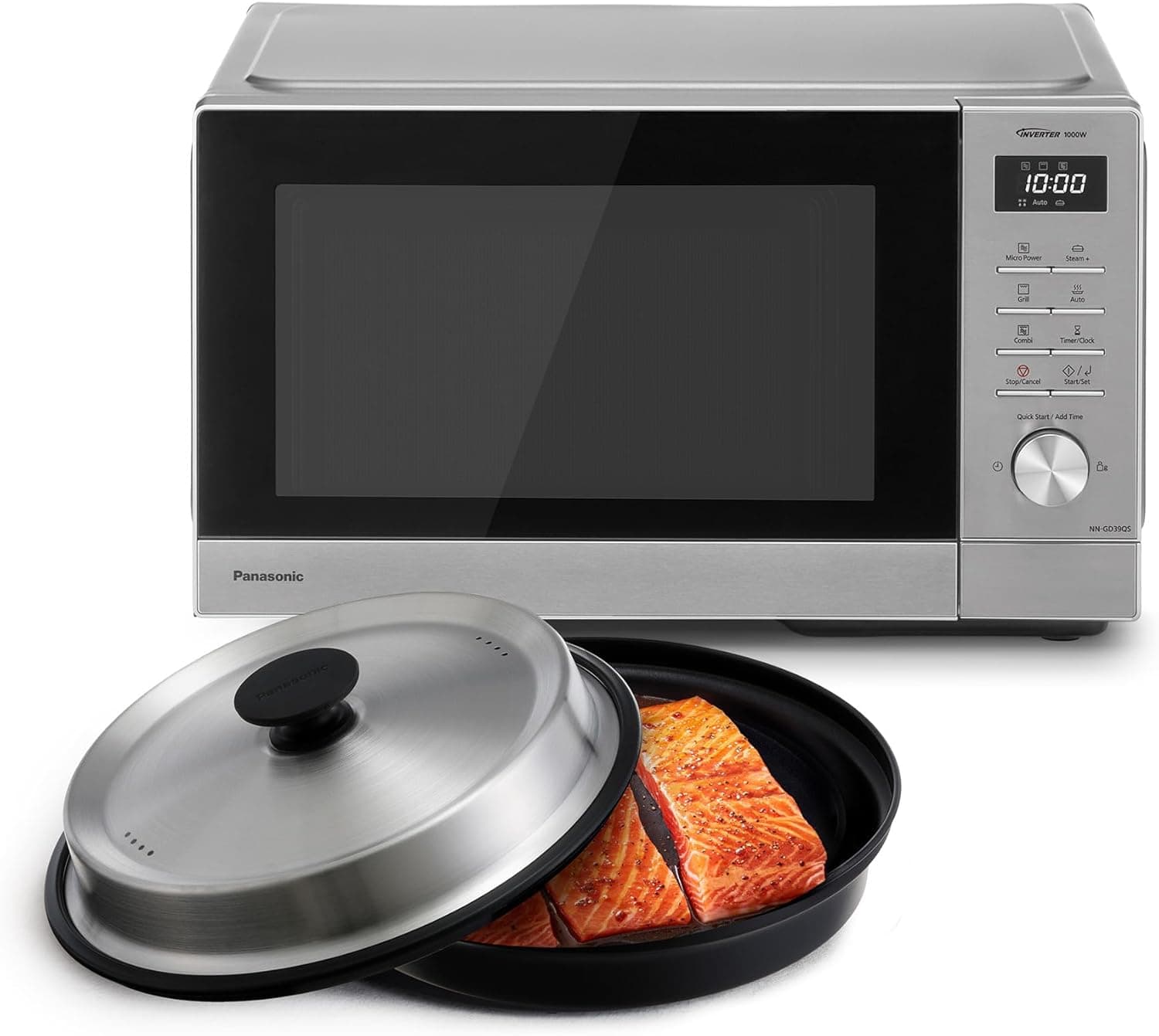Panasonic NN-GD39QSEPG 29L Four à micro-ondes gril en acier inoxydable avec plat à vapeur, 1000W, Décongélation Automatique, Molette et Accessoires