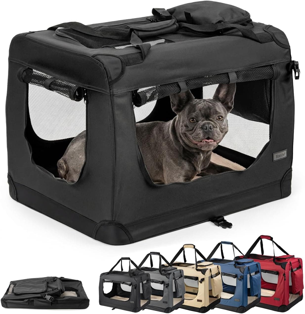 lionto Caisse de Transport Pliable pour Chien & Chat, 70x52x50 cm, Tissu Oxford Robuste + poignées & Couverture, pour Animaux Jusqu’à 15 kg, Caisse pour Petits & Grands, Noir