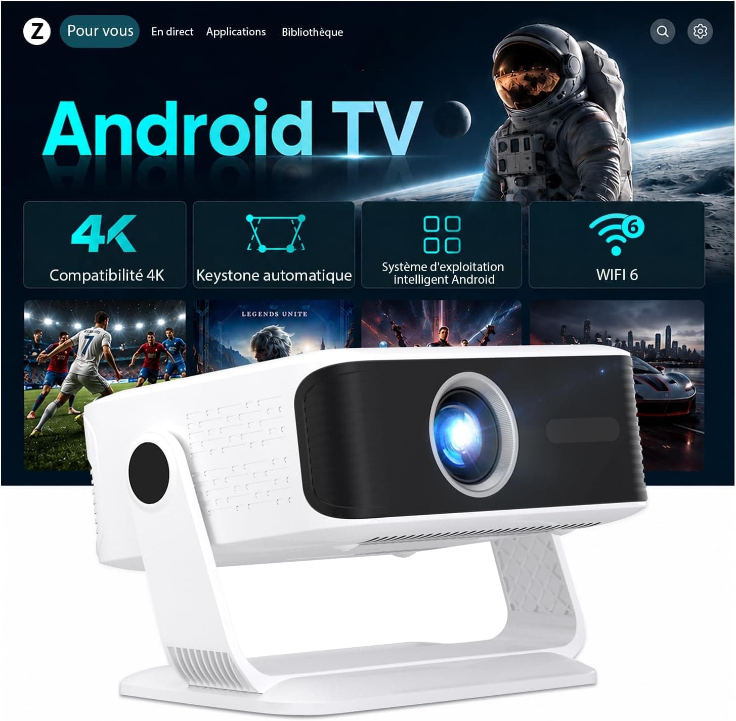 2026 Dernier Videoprojecteur Intelligent, Android 14, Rétroprojecteur 1080P Supporte 4K, WiFi 6 Bluetooth 5.4, 380 ANSI, Correction Trapézoïdale Automatique Focus Électronique, pour Android iOS HDMI