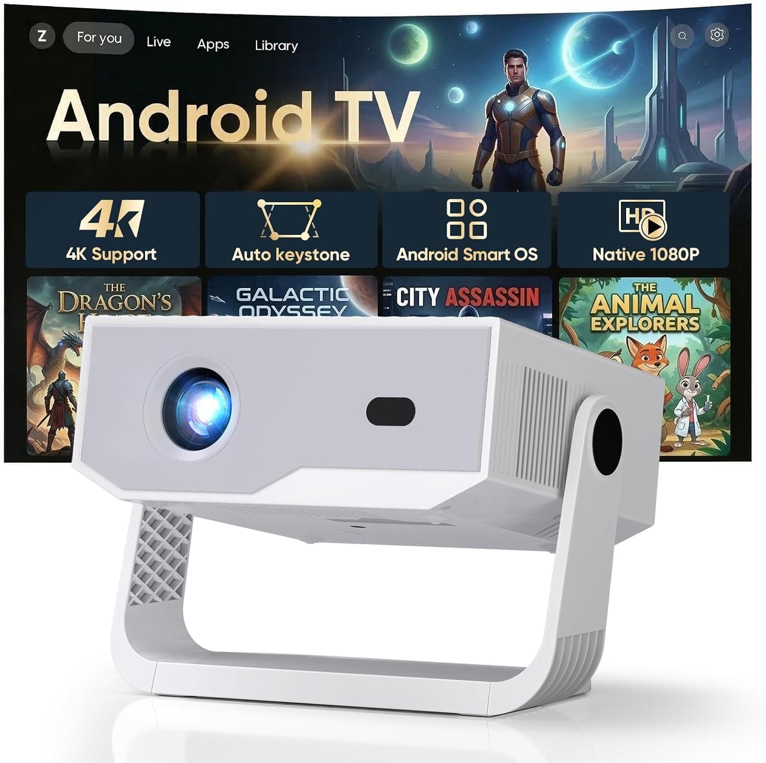 [2026 Version Améliorée] Android Videoprojecteur 4K &1080P WiFi et Bluetooth Focus électronique Correction à 270 Degrés Retroprojecteur Portable pour HDMI/TV Stick/Laptop