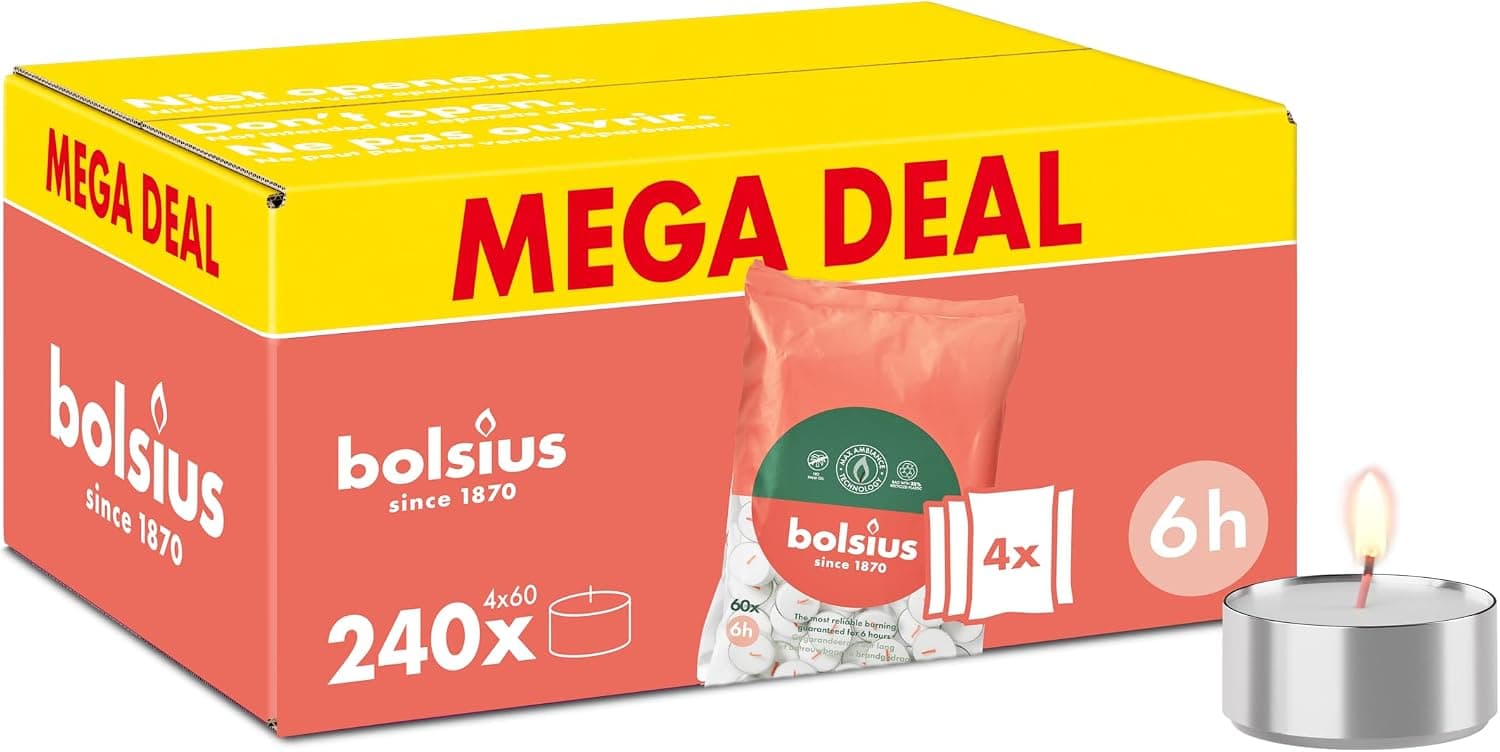 Bolsius - Lot de 240 bougies chauffe-plat - 6 heures de combustion - Blanc - Contient de la cire végétale naturelle - Longueur de combustion - Bougies décoratives ménagères - Sans huile de palme