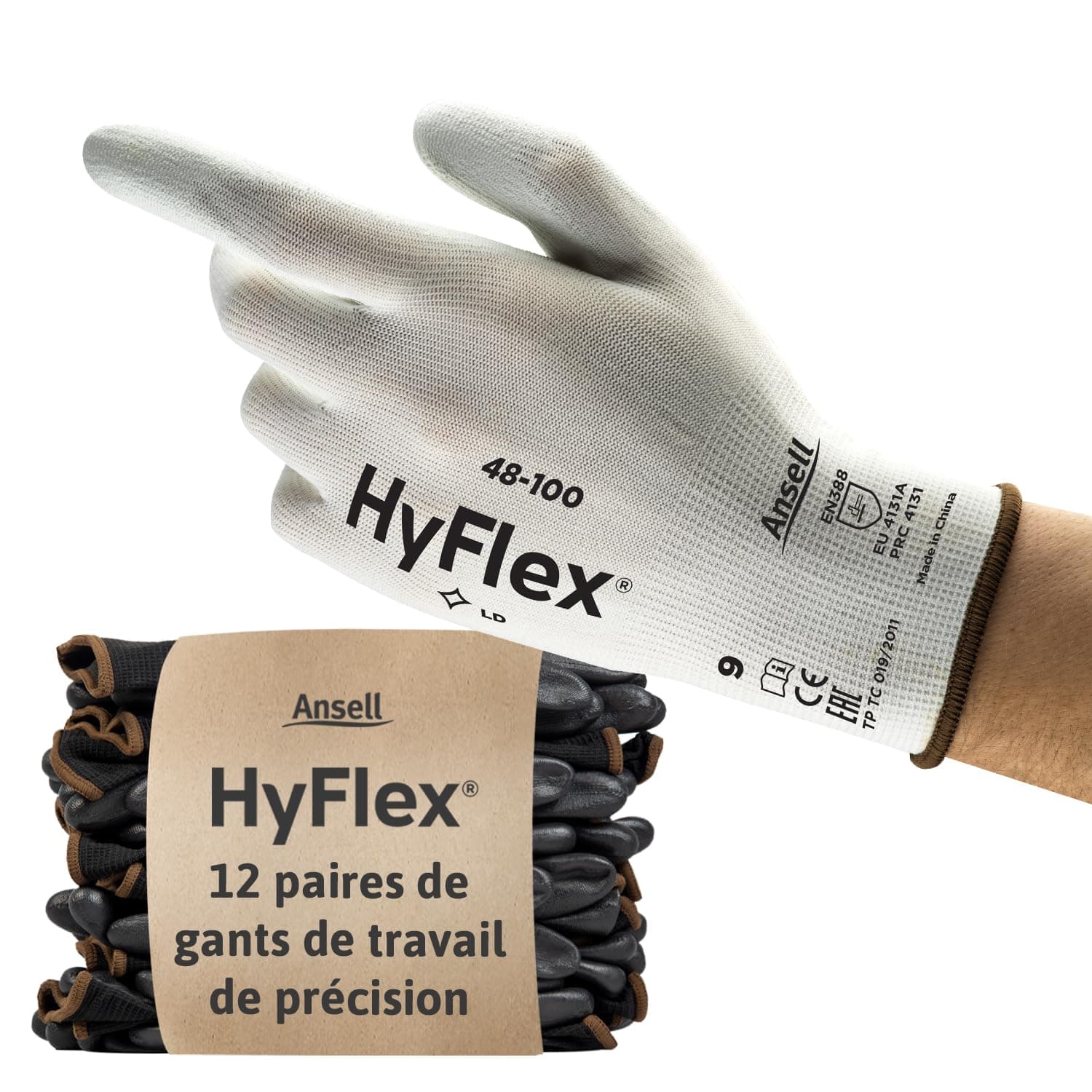 Ansell HyFlex 48-100 Gants de Travail Ultrafins, Nylon Extensible avec Enduction Polyuréthane, Protection Multiusage Haute Précision, Bricolage et Mécanique, Blanc, Taille 2XL (12 Paires)