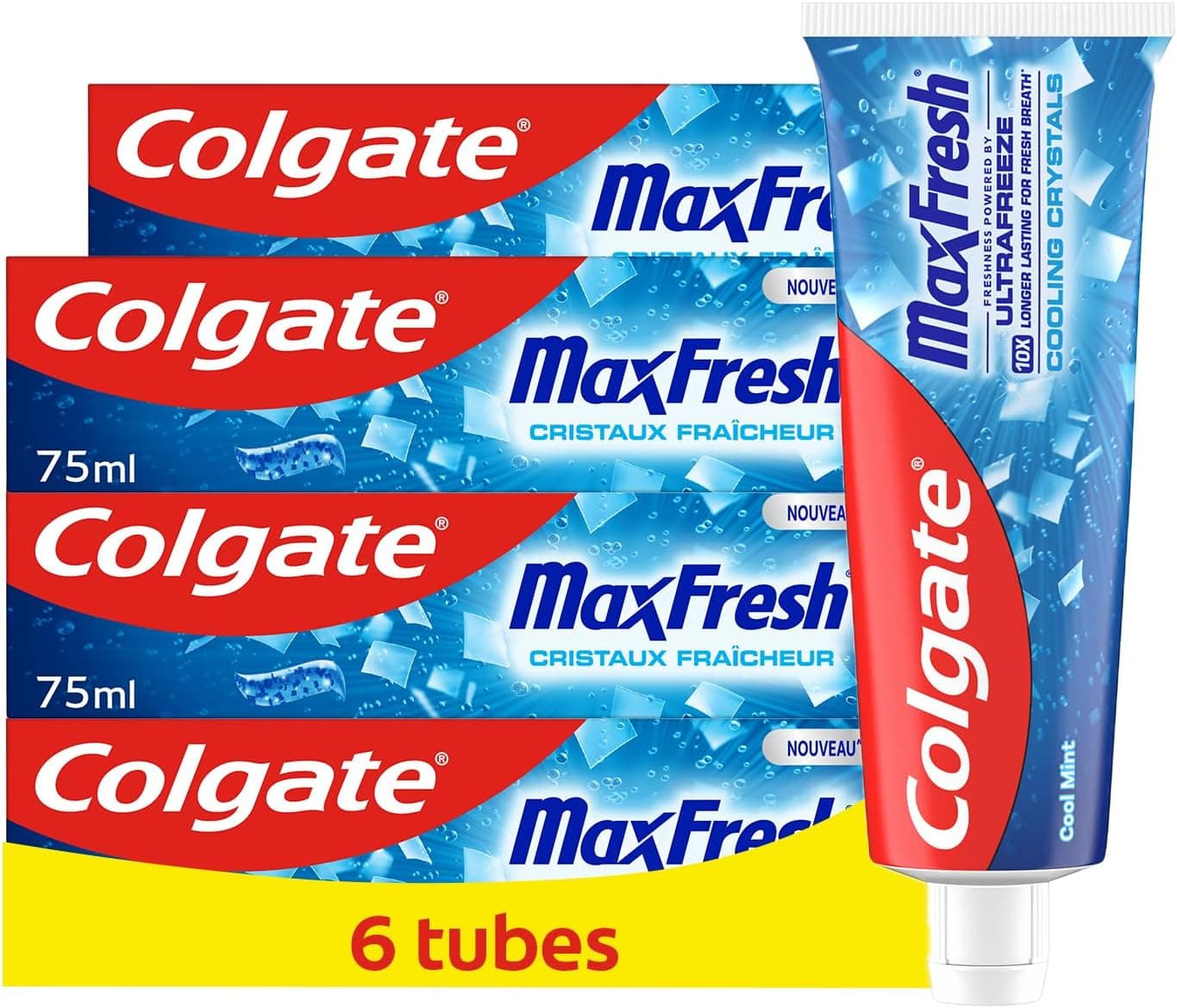 COLGATE - Max Fresh - Cristaux Fraîcheur Dentifrice Menthe Fraîche - Fraîcheur 10x Plus Longue - Lot de 6 tubes x 75ml