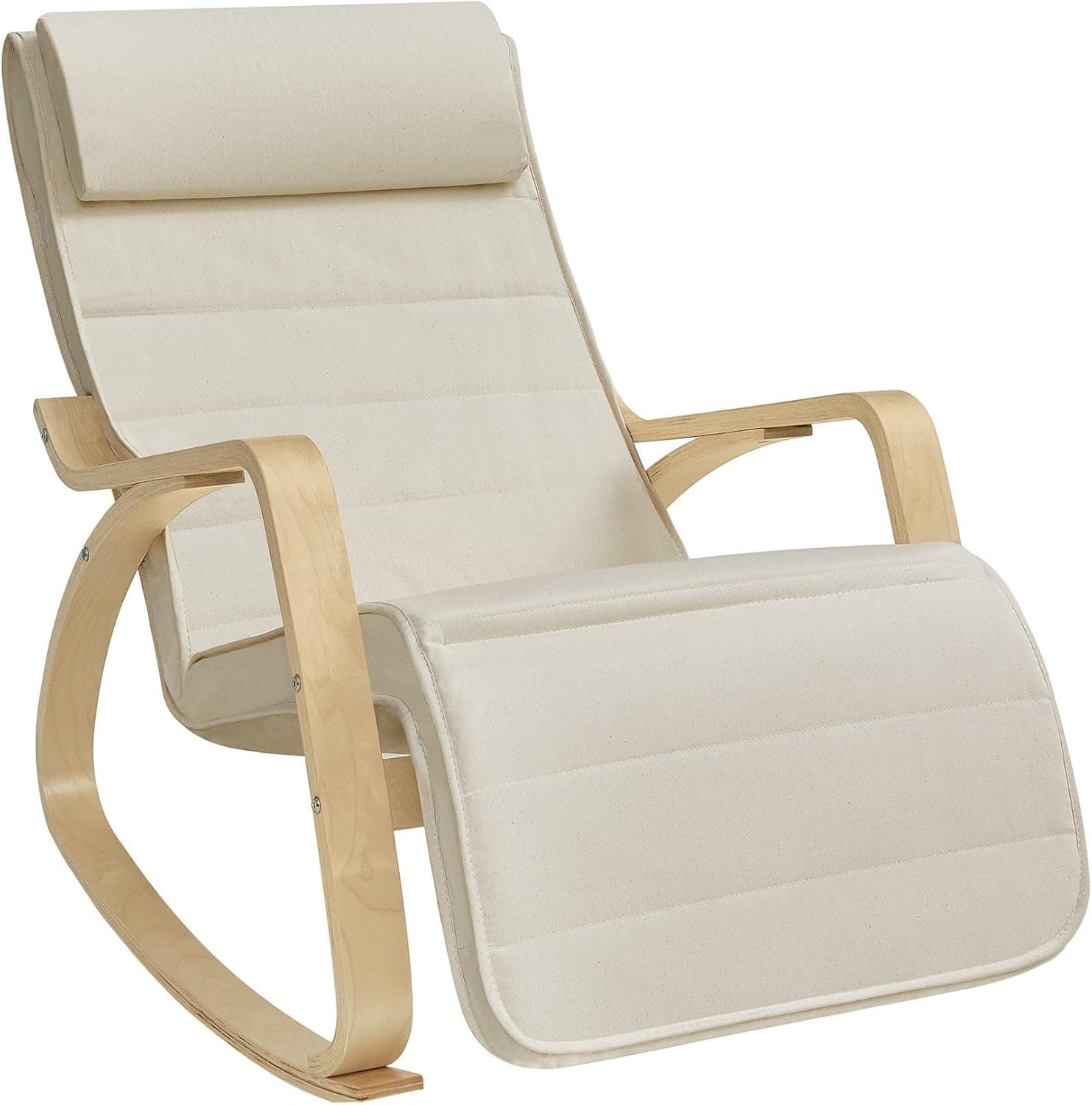 SONGMICS Fauteuil à Bascule, avec Accoudoirs en Bois, Repose-pieds Réglable en 5 Positions, Capacité 150 kg, 121,5 x 67 x 84 cm, pour Chambre, Salon, Beige et Couleur Boisée LYY010WZ01