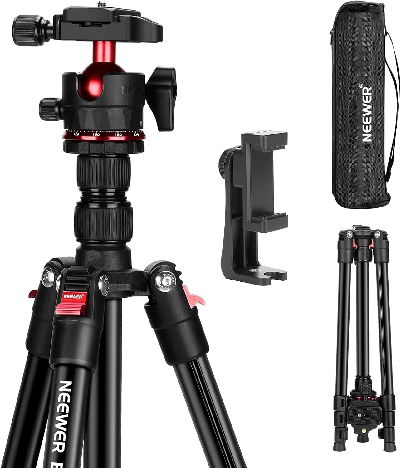 NEEWER Basics Trépied de Voyage pour Caméra, 72" Support Compact Léger pour DSLR Rotule Plaque QR Arca, Support pour Téléphone Compatible avec iPhone Enregistrement Vidéo, Charge Max.6kg, TP14