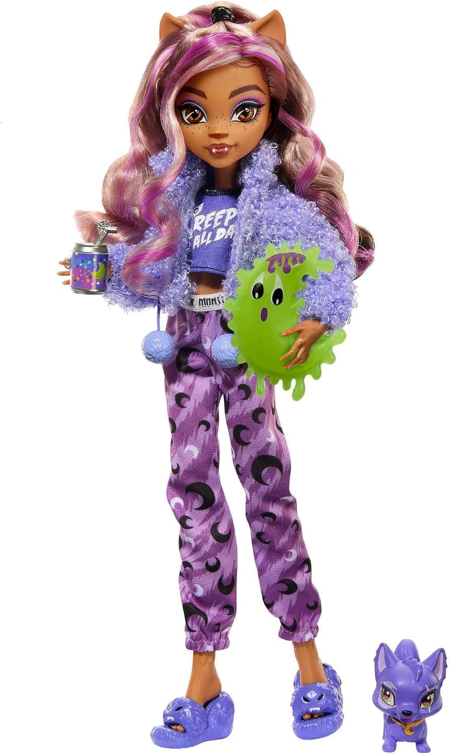 Monster High Coffret Soirée Pyjama Clawdeen Wolf Poupée Clawdeen Wolf, Animal de Compagnie Croissant et Accessoires thématiques, HKY67
