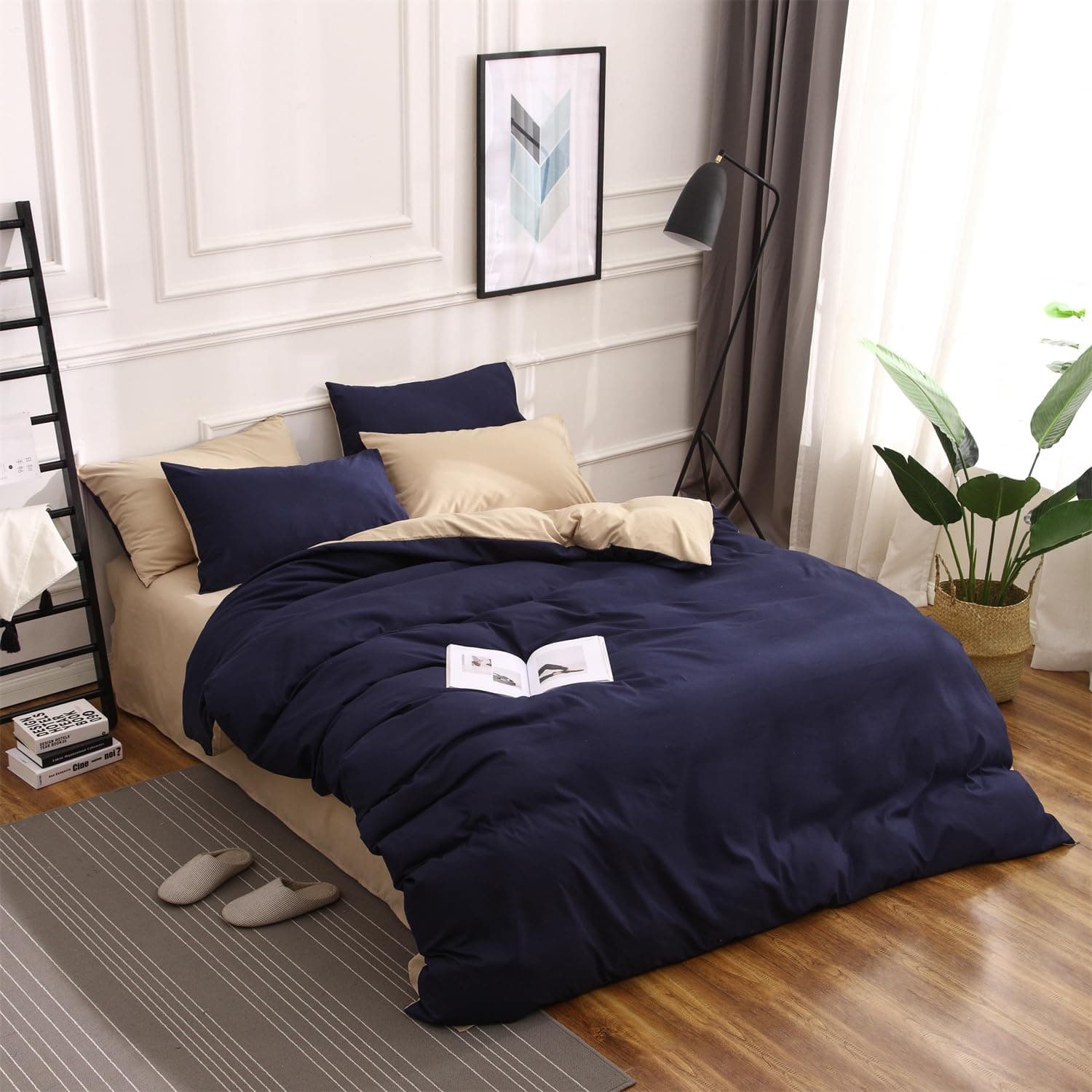 Gezu Parure de lit 3 pièces 200 x 200 cm - En coton - Bleu foncé - Kaki - Toucher - Douce et confortable - Avec 2 taies d'oreiller de 80 x 80 cm - Avec fermeture éclair - Douce et infroissable