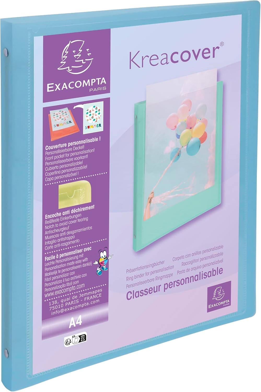 Exacompta - Réf. 51279E - 1 classeur souple - en polypropylène - Kreacover pastel - 4 anneaux ronds diam 15mm - dimensions 320x250 mm - pour format A4 - couleur aléatoire