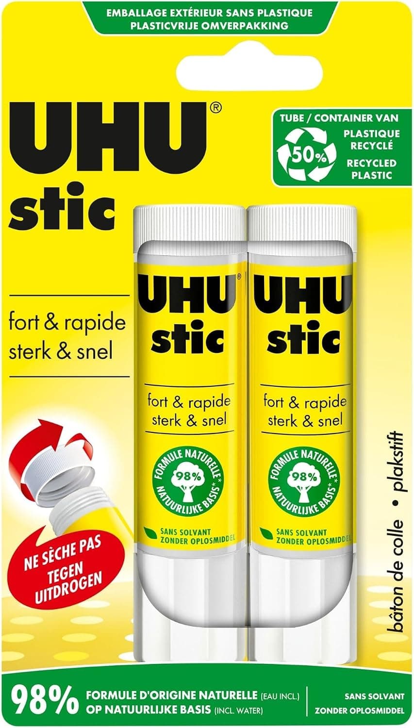 UHU Stic - Bâton de Colle Sans Solvants | Tube De Colle Blanc, Enfant, Loisirs Créatifs, Maison, Fourniture De Bureau, École - Lot de 2 Stics de 21 g