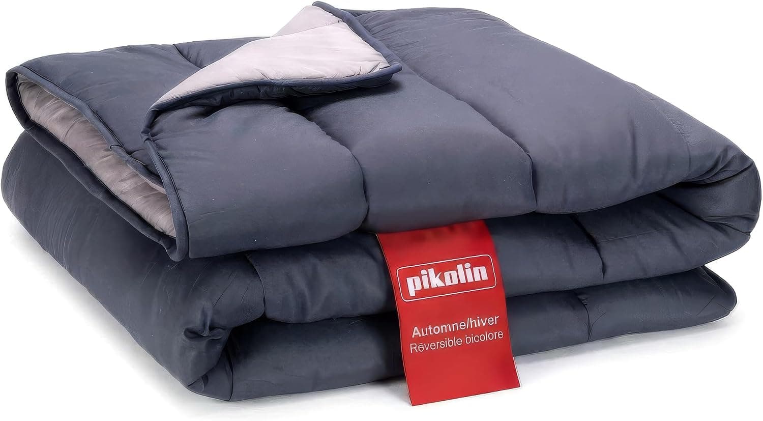 PIKOLIN Couette 180 x 220 cm 300 g Tempérée en Fibre Ecolofil pour Lit 1 Personne - Couette Réversible Toucher Plume, Lavable, Douce et Respirante - Bicolore Gris Clair/Gris Naturel
