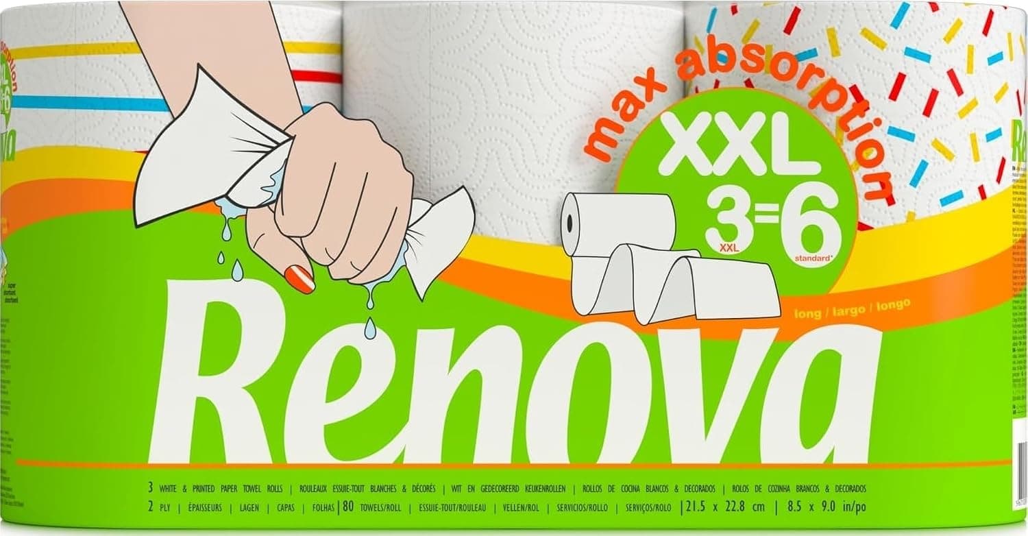 Renova Essuie-tout Maxi-absorption| 3 rouleaux |3 rouleaux XXL = 6 standards|2 plis blancs