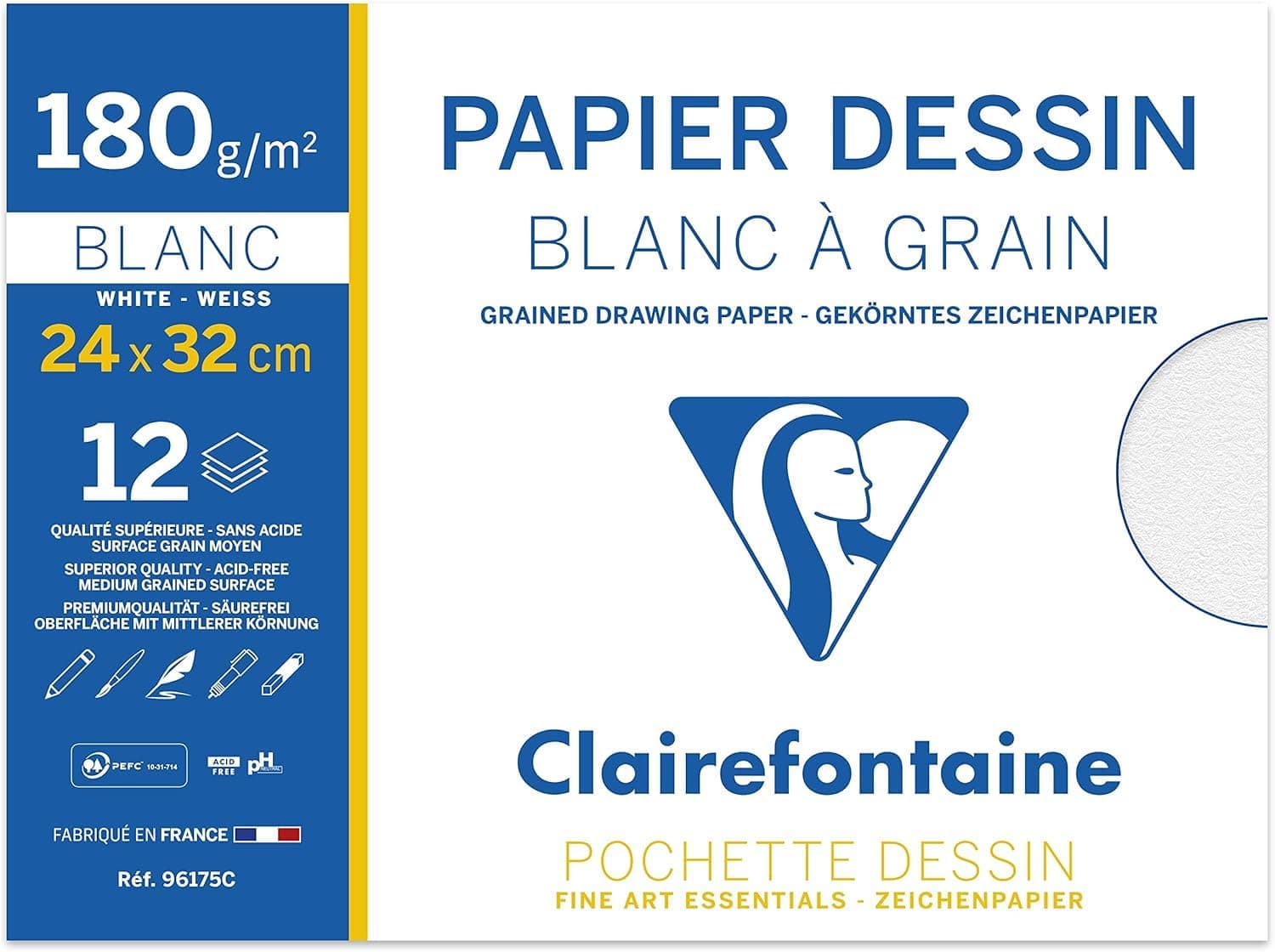 Clairefontaine 96175C Pochette 12 Feuilles Dessin à Grain 24x32cm 180g