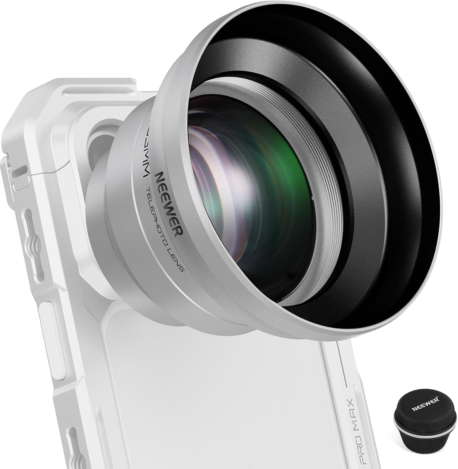 NEEWER Téléobjectif HD 65mm pour téléphone avec Pare-Soleil (Argent), Zoom 1,7X pour Plaque arrière filetée 17mm, Cage et étui pour téléphone Compatible avec iPhone et Android, LS-66