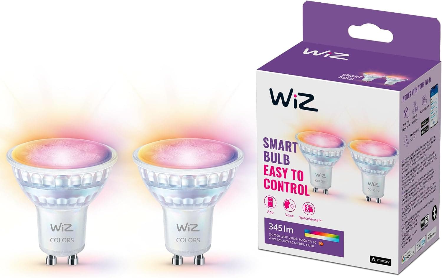 WiZ Ampoule en verre LED intelligente GU10 - Remplacement GU10 50W, 16 millions de couleurs, Wi-Fi/Bluetooth, commande vocale/application, fonctionne avec Google Home, Alexa et HomeKit, pack de 2