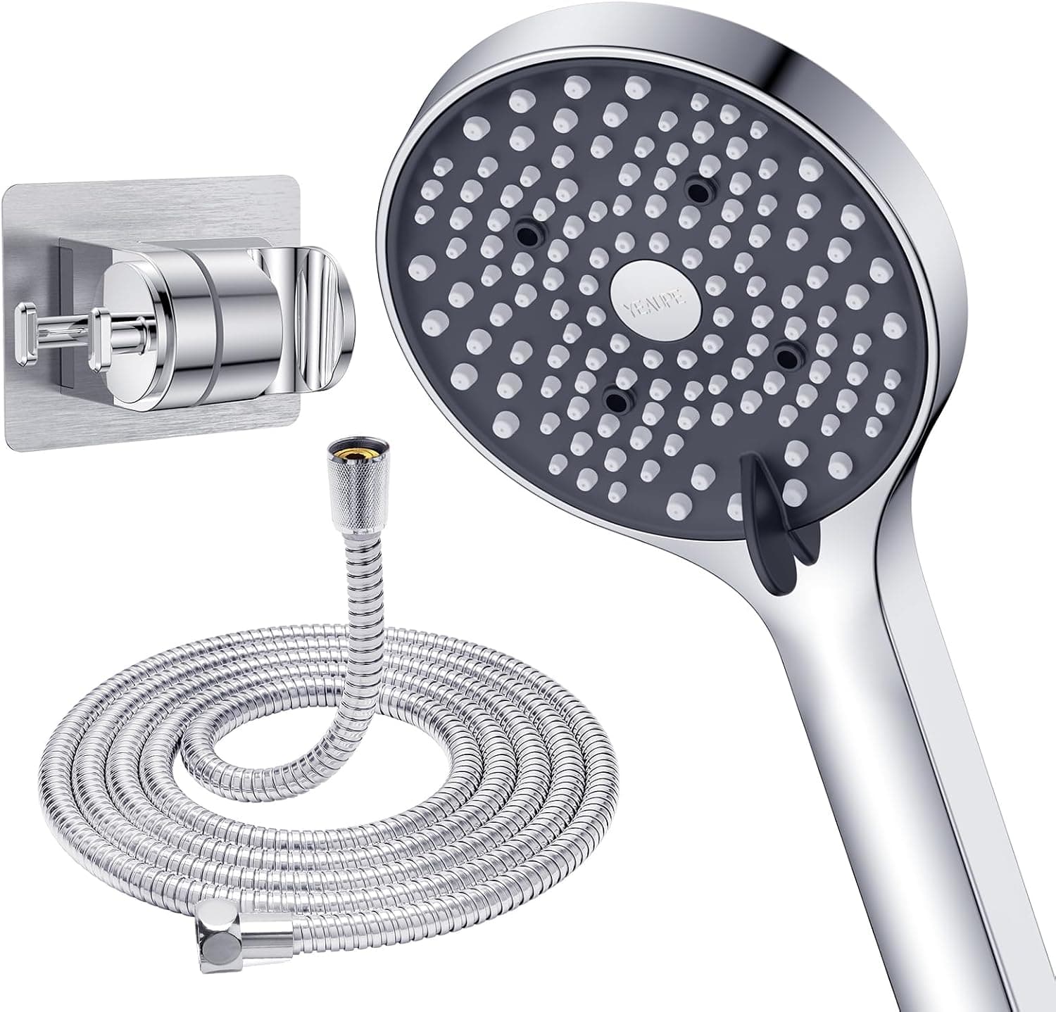 YEAUPE Kit 3 en 1 Pommeau de Douche avec 6 Jets dont Turbo, Douchette à Main Anti-calcaire, Tuyau Métallique 1,6 m, Support sans Perçage, Économie d'Eau, Chromé