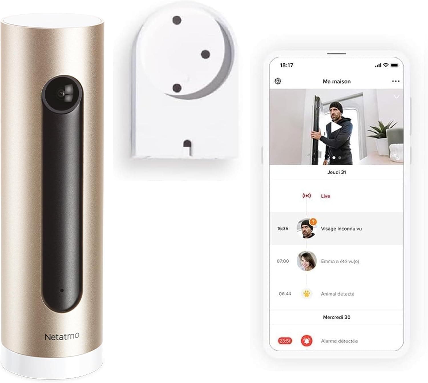 Netatmo Caméra de Surveillance Intérieure Intelligente avec Support Mural, WiFi 2,4 GHz, Détection des Mouvements, Vision Nocturne, Aucun Abonnement, NSC-AMZ, 1920p