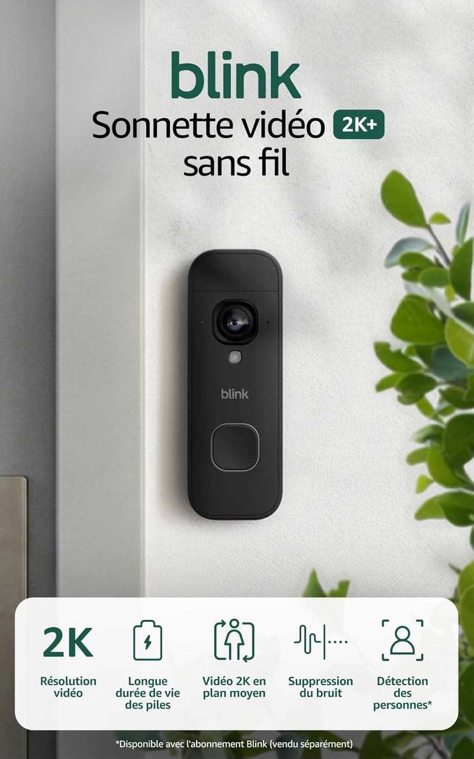 Blink Sonnette vidéo 2K+ sans fil (nouvelle génération) | Plan moyen | Audio amélioré | IP65 | Piles longue durée | Configuration facile | Module de synchronisation de base inclus - Système (Noir)