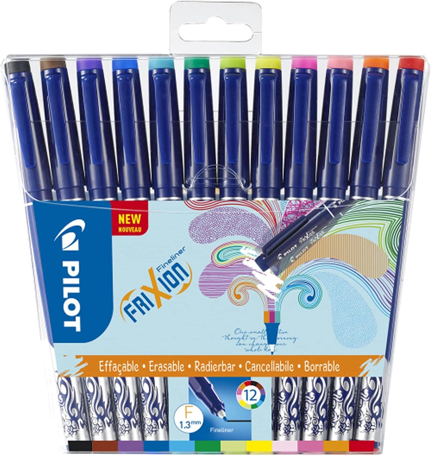 PILOT - Lot de 12 FriXion Fineliner - Feutre d'Écriture Effaçable à Encre Thermosensible - 12 Couleurs - Pointe Moyenne