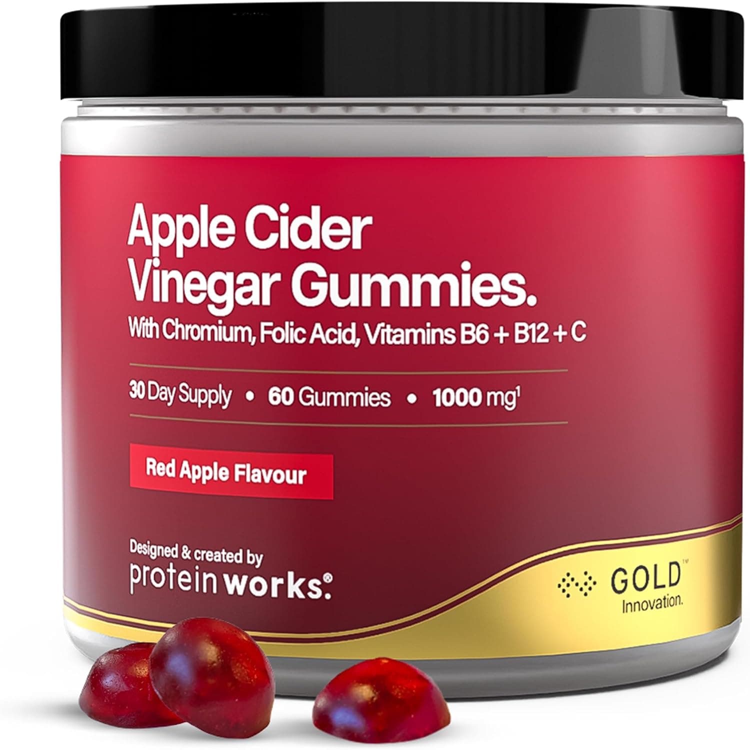 Gommes de Vinaigre de Cidre de Pomme – GOLD Innovation, 1000 mg avec “The Mother”, Enrichis en Vitamines B6, B9, B12 & C + Chrome, Ingrédients Naturels, Goût Pomme Rouge, 60 Gommes | Protein Works