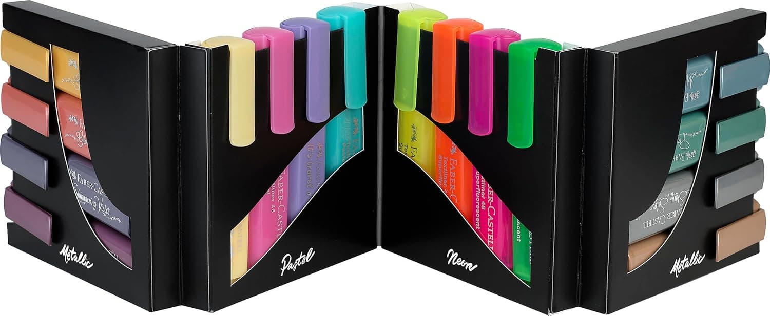 Faber-Castell 254603 Set de Bureau avec 16 Suligneurs dans une Boîte de Rangement, Surligneurs Pastel, Neóns et Métalliques, Pointe Biseautée de Précision, Marqueurs Plats Ergonomiques