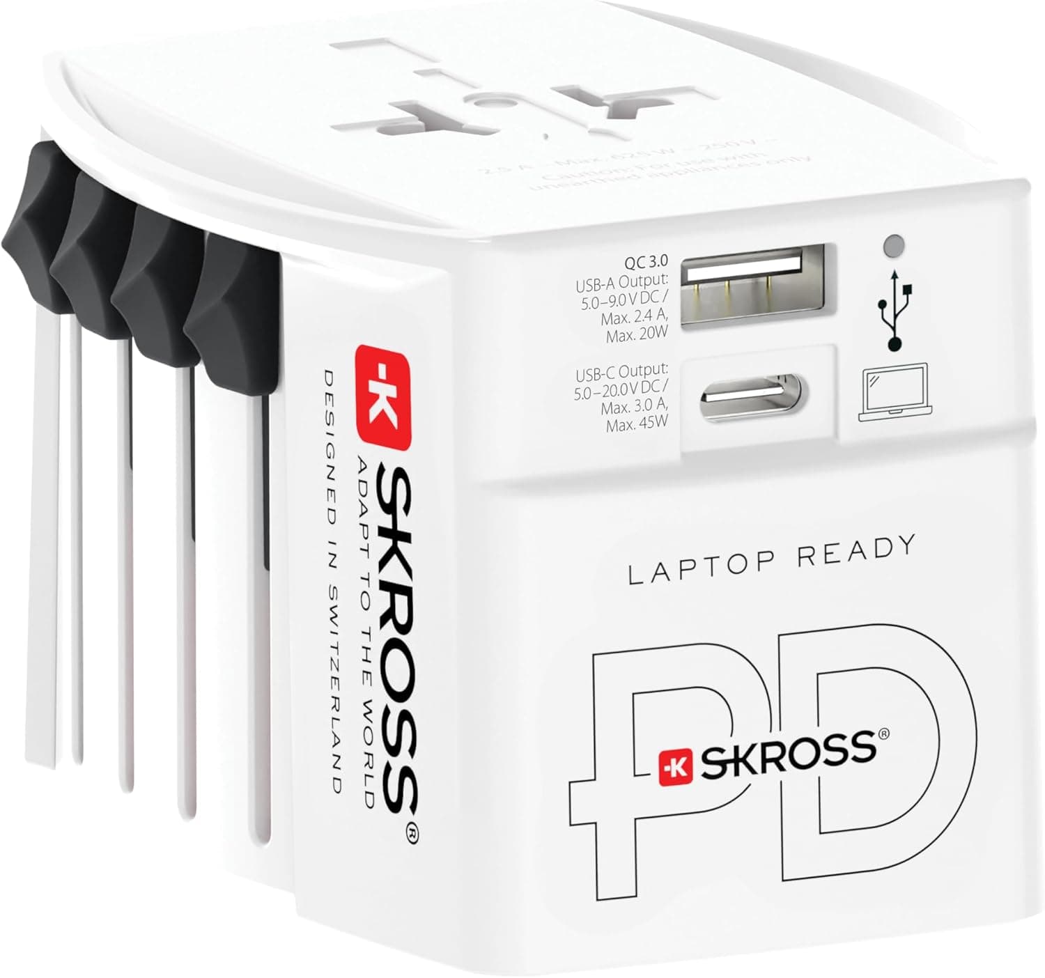 SKROSS - MUV AC45PD avec Câble Type C (160 cm) - Adaptateur Universel Type C et 1 x Type A 45 W - Tension et Puissance: 100V - 250W/250V - 625W pour Ordinateurs Portables, Tablettes et Smartphones