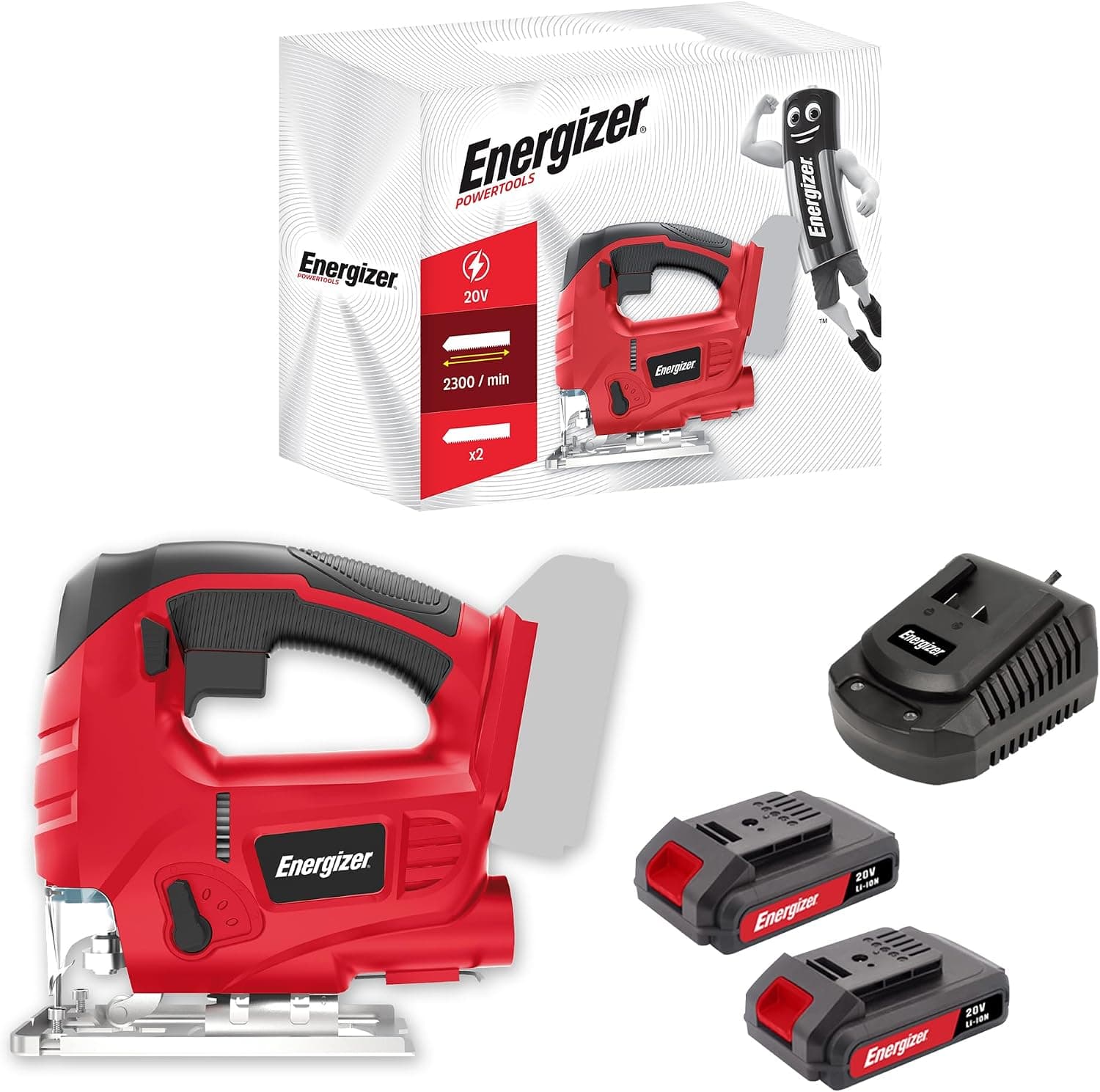 Energizer - Scie Sauteuse Sans Fil 20Volts – 2300 OPM, Coupe Bois 80mm/Métal 6mm – Inclus 2 Batteries 20V 2AH + Chargeur - Rapide Changement de Lame Sans Outil, Raccord Aspiration – Accessoires Inclus