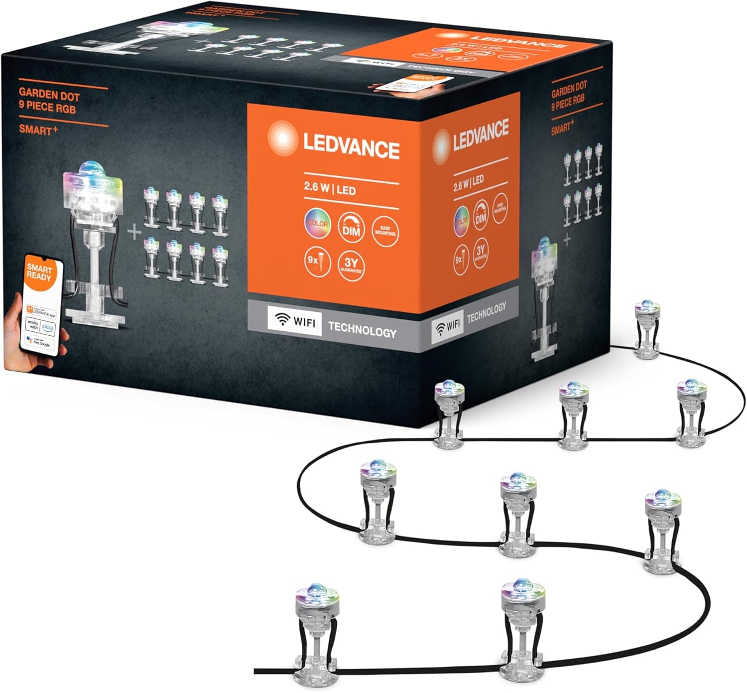 LEDVANCE Lumière de jardin LED intelligente avec technologie WiFi, pack de base avec 9 points LED pour l'extérieur, couleurs RVB modifiables, compatible avec Google et Alexa Voice, SMART+ WIFI GARDEN