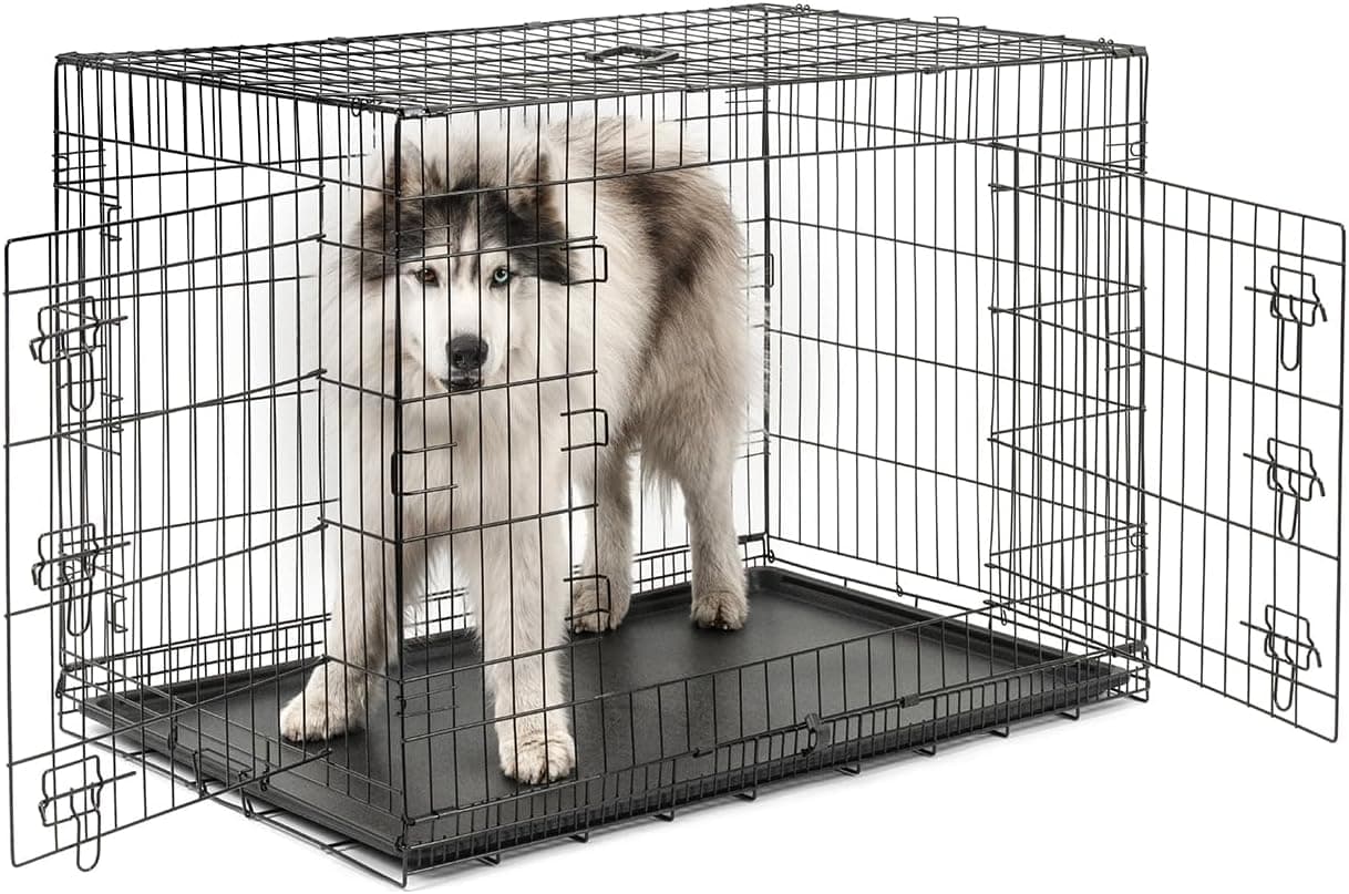 lionto Caisse de Transport pour Chiens et Chats, Cage Polyvalente avec bac en Plastique hygiénique, 106x71x77 cm, Cage pour Chien en métal avec Fermetures de sécurité Solides et cloison, Noir