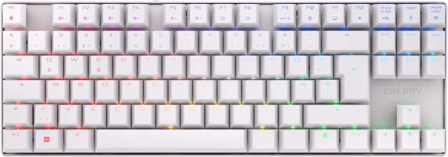 CHERRY MX 8.2 TKL Wireless, Clavier de Jeu sans Fil sans Pavé Numérique, Disposition Allemande (QWERTZ), Bluetooth, 2,4 GHz & Câble, MX2A Red Switches, Blanc