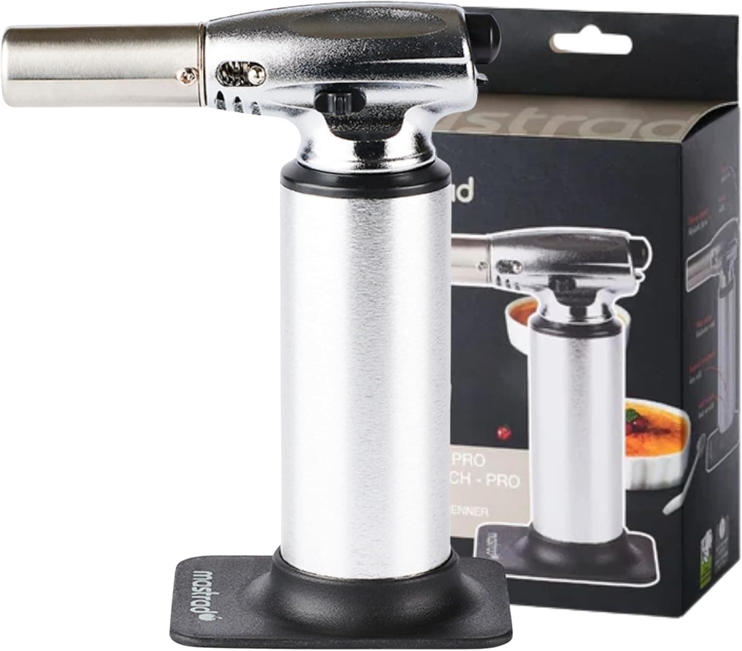 MASTRAD - F46250 - Chalumeau de Cuisine Professionnel - Flamme Puissante et Réglable - Jusqu’à 45 min d’Utilisation - Rechargeable au Gaz à Briquet - Corps Inox & Aluminium