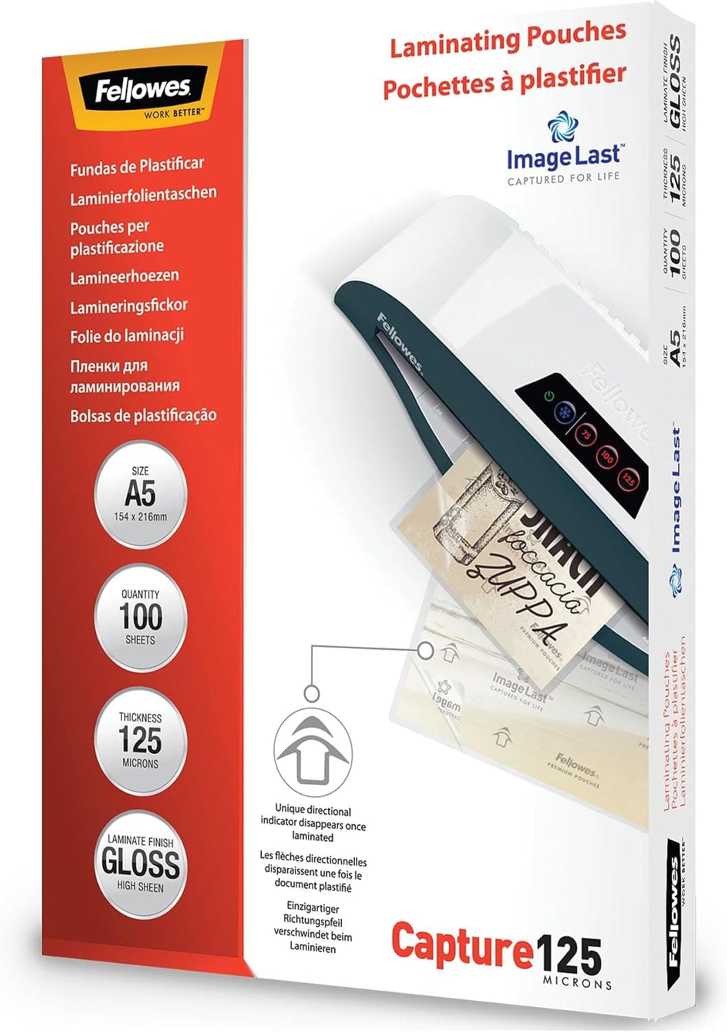 Fellowes Pouches per plastificazione per documenti, formato A5, finitura lucida, confezione da 100 pezzi, 250 micron, 2x125 micron, con Image Last per direzionare foto e documenti