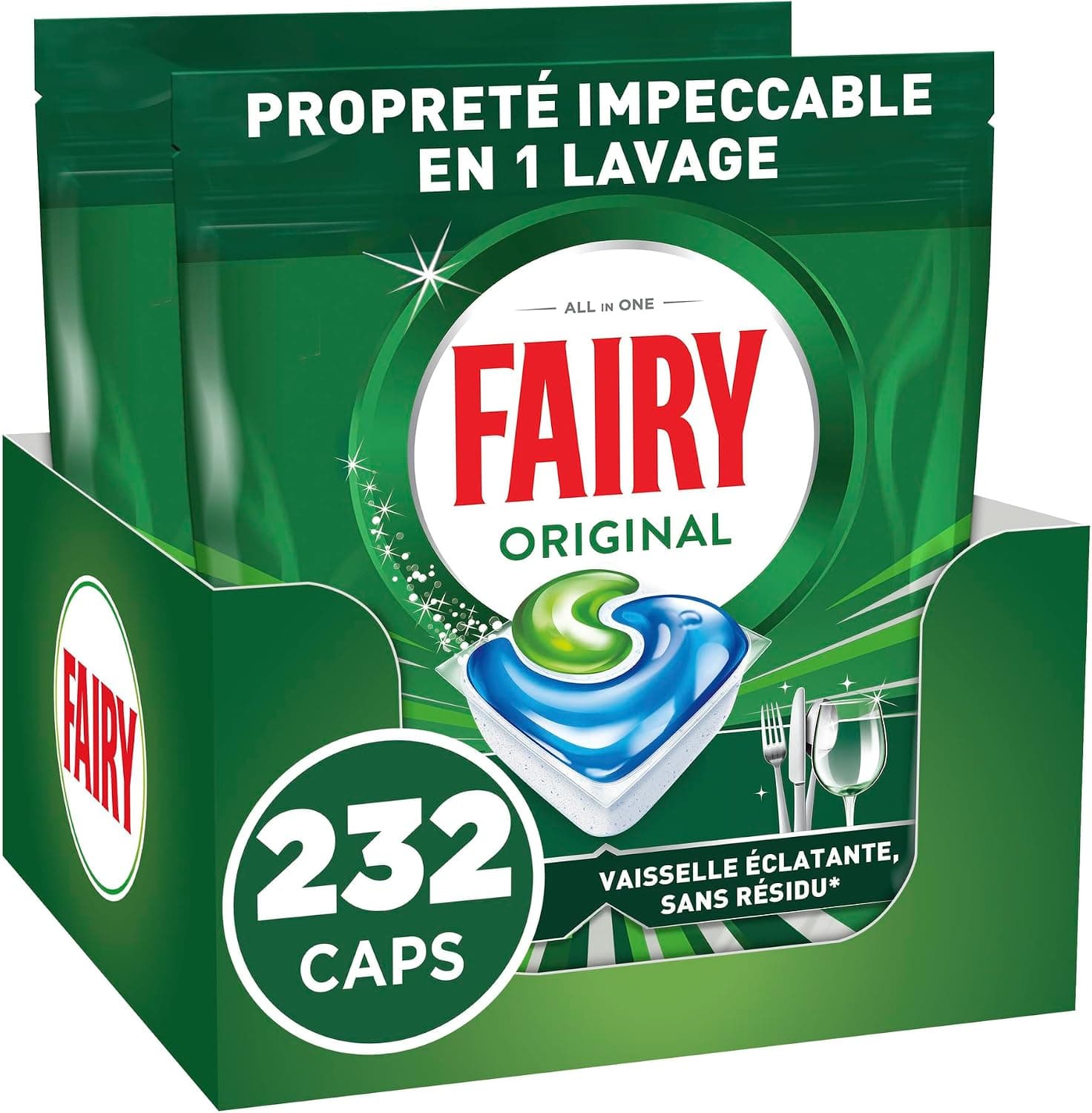 Fairy Original Tablettes Lave-Vaisselle Tout-en-1, 232 Tablettes (116x2), Sans Parfum, Efficaces Contre La Graisse Incrustée, Dissolution Ultra-Rapide, Sans Odeur ni Résidus