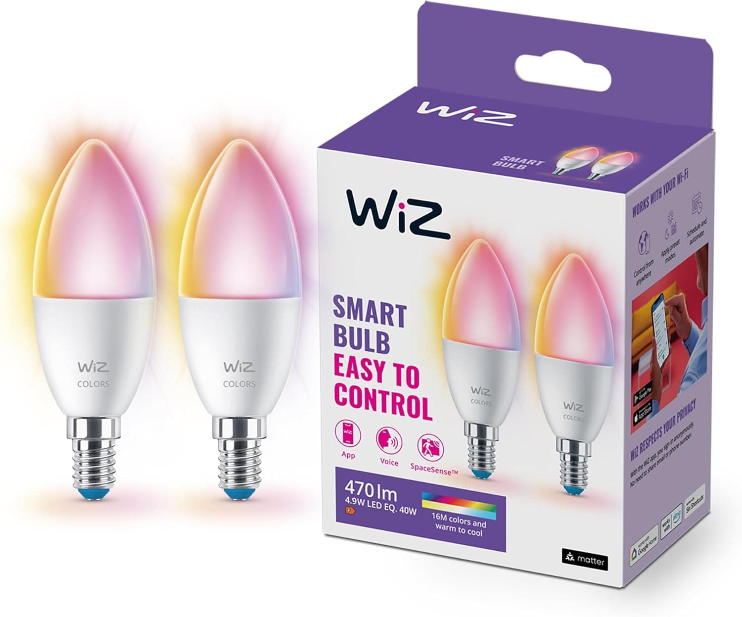WiZ, ampoule LED connectée Wi-Fi couleur E14, équivalent 40W, 470 lumen, lot de 2, fonctionne avec Alexa, Google Assistant et Apple HomeKit