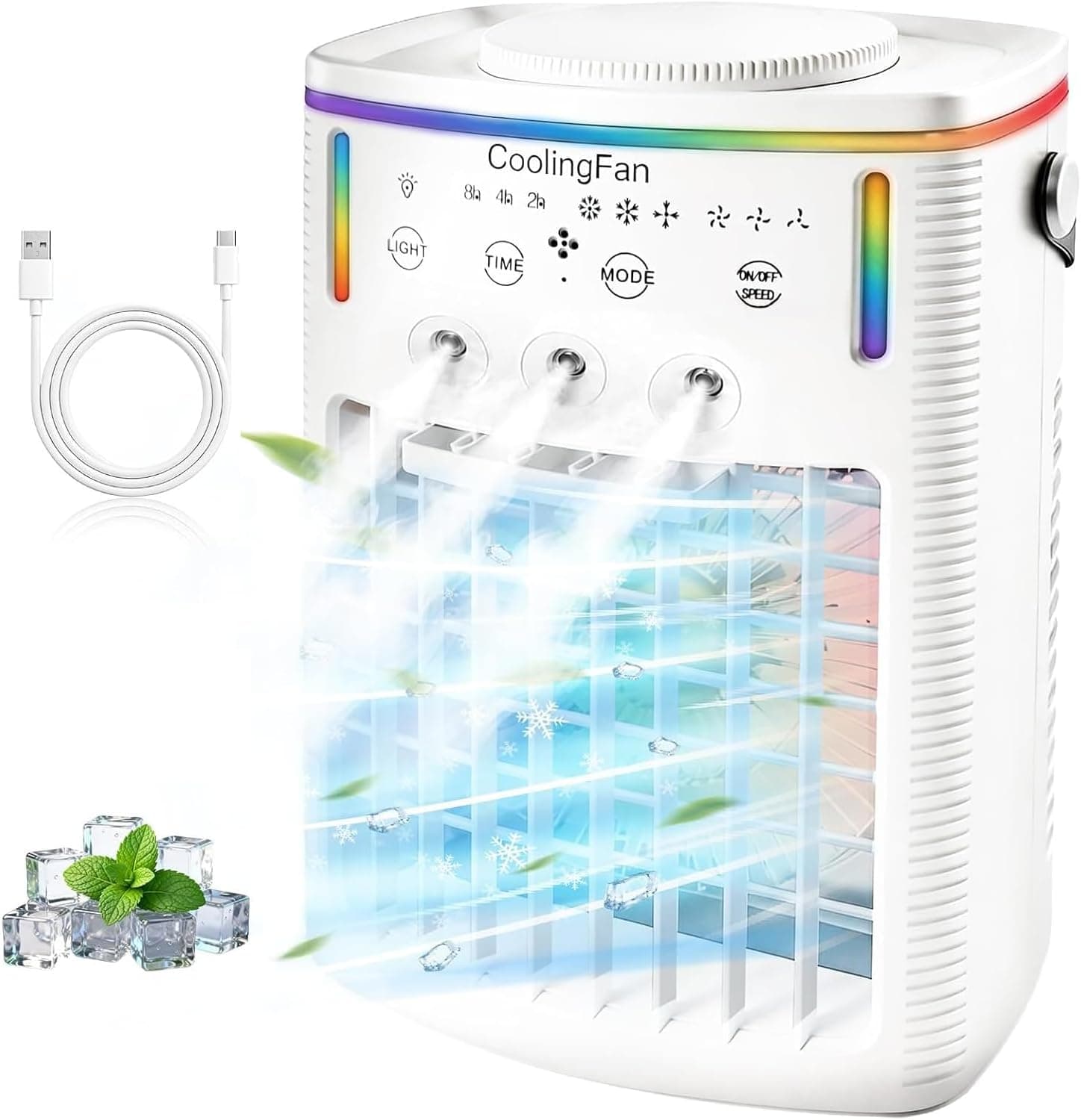 2026 Climatiseur portable 4 en 1, mini AC pour voiture et chambre, 3 modes et 3 vitesses, LED 7 couleurs et télécommande pour bureau, camping et voyage(1PCS)