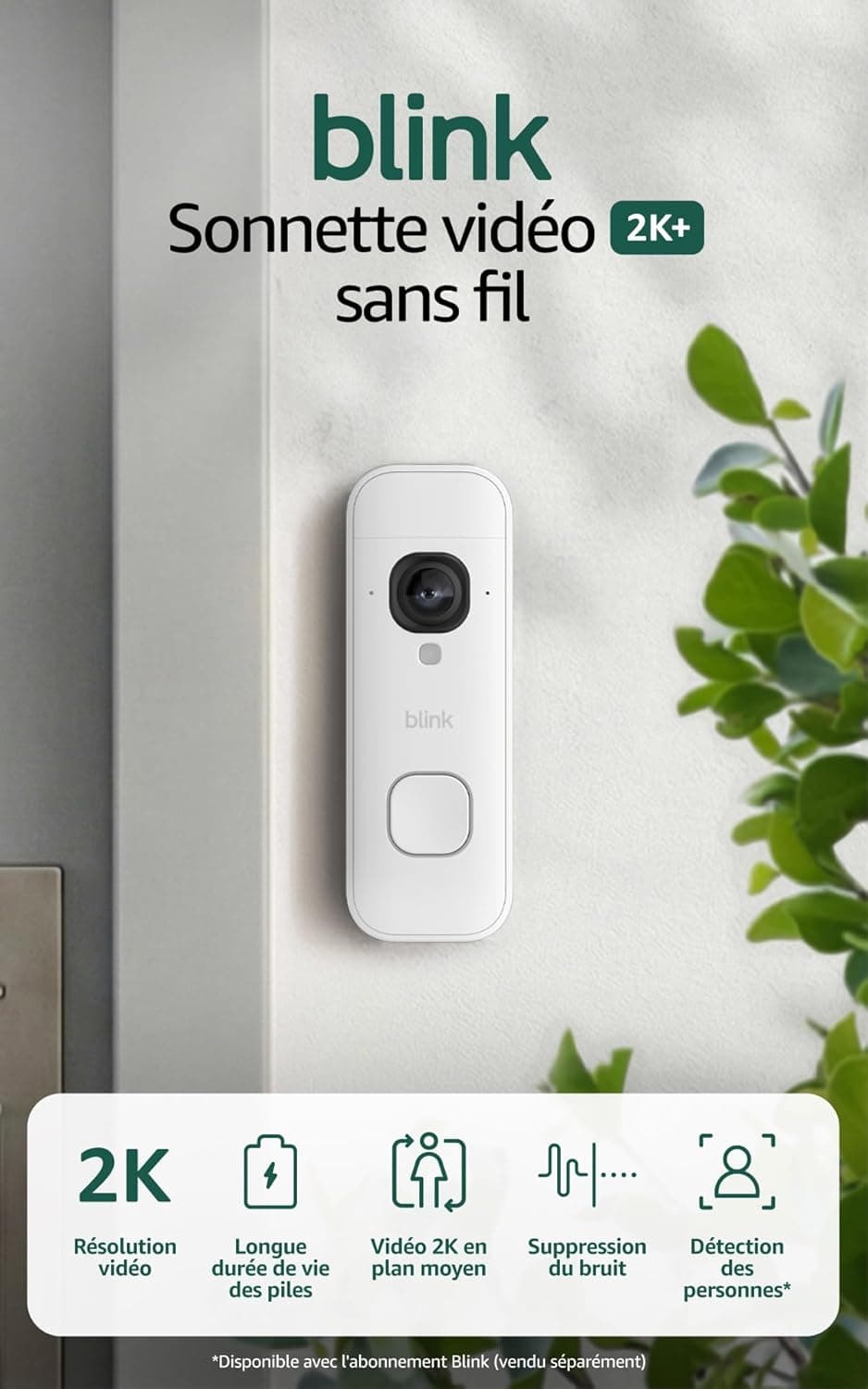 Blink Sonnette vidéo 2K+ sans fil (nouvelle génération) | Plan moyen | Audio amélioré | IP65 | Piles longue durée | Configuration facile | Module de synchronisation de base inclus - Système (Blanc)
