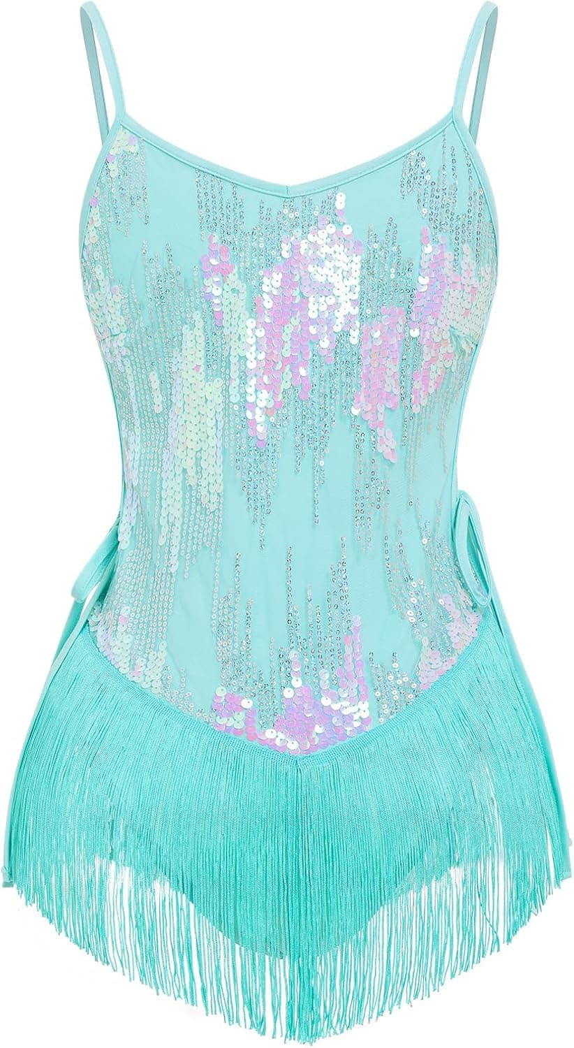 Justaucorps à franges pour femme - Danse latine - Paillettes scintillantes - Dentelle - Sexy - Festival - Rave - Concert - Cocktail - Tenue de fête