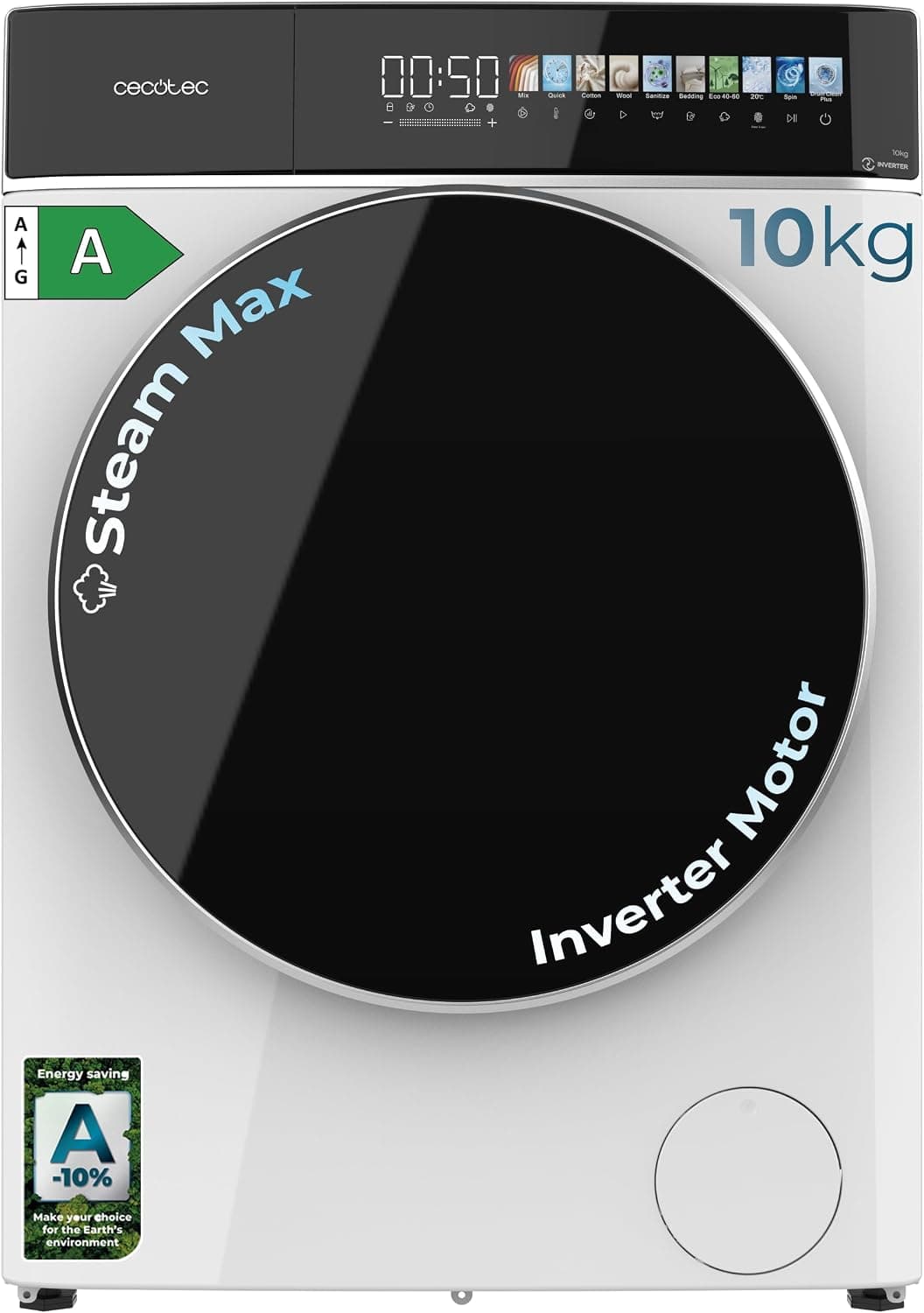 Cecotec Lave-linge 10 Kg à Chargement Frontal Bolero DressCode 10900 Inverter FullColor A Max. 2000W, 1400 tr/min, 11 Programmes, Moteur Inverter Plus, Classe A, SteamMax, Écran FullColor de 10,3"