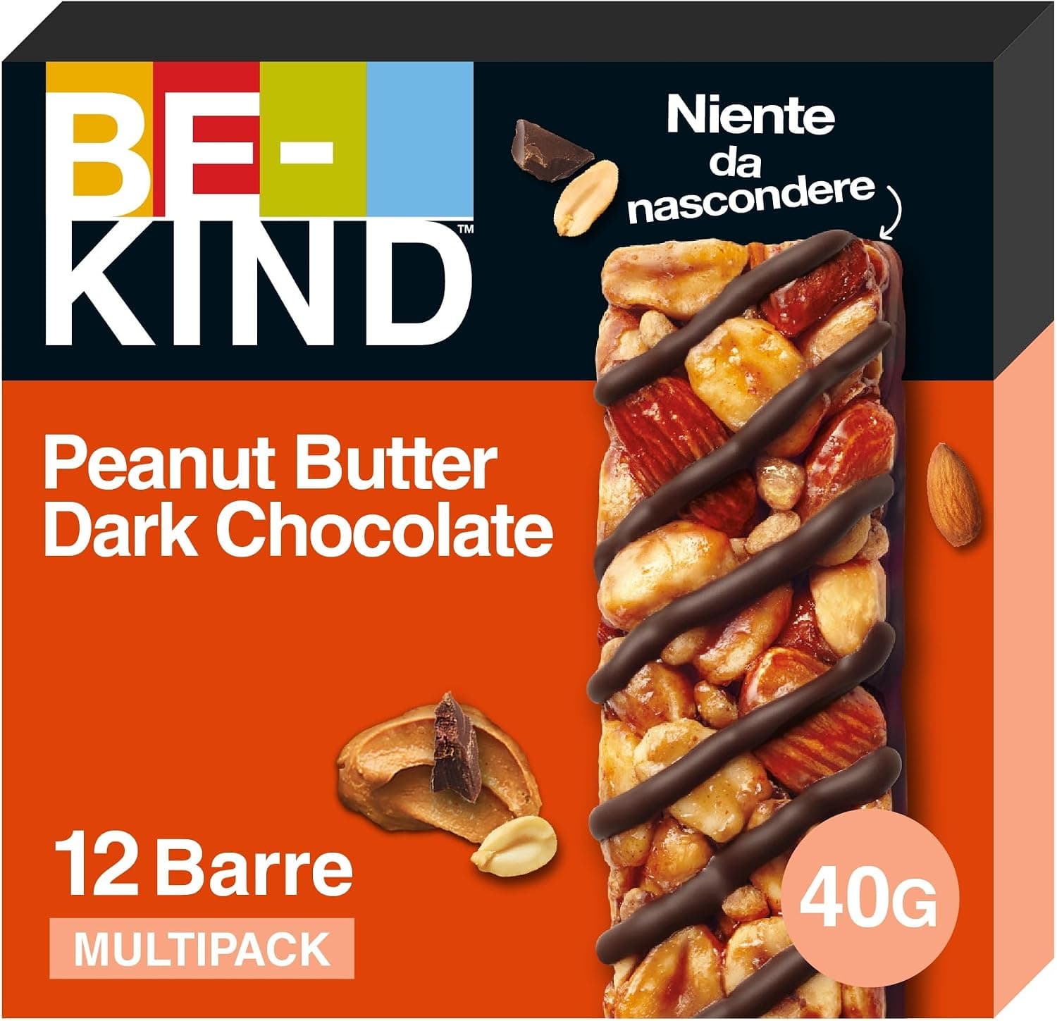 BE-KIND Barres Céréales Chocolat Noir Beurre Cacahuètes 12x40g 480g | Barres céréales au chocolat noir et beurre de cacahuètes, en grand format, le snack sain et gourmand.