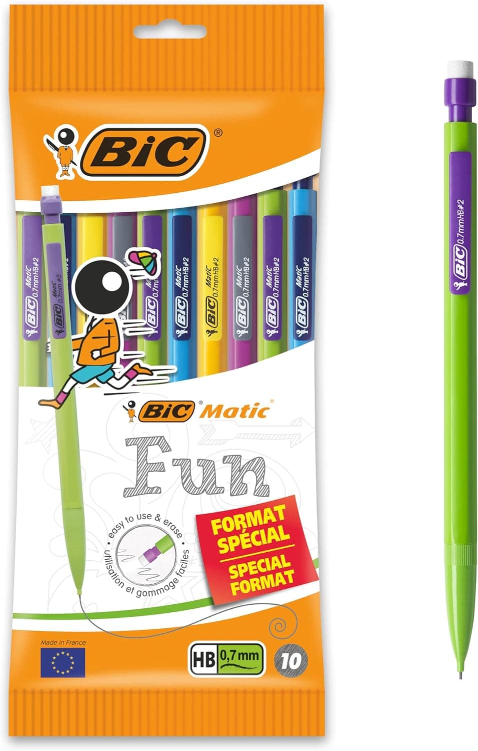 BIC Matic Fun Porte Mines 0,7 mm HB avec Gomme (Parfait pour l'Ecole) - Couleurs Assorties, Pochette Format Spécial de 10