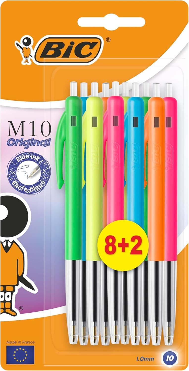 BIC M10 Pastel Stylos-Bille à Pointe Moyenne (1,00 mm) Bleu - 5 Corps Pastel Assortis, Édition Spéciale, Pack de 8+2