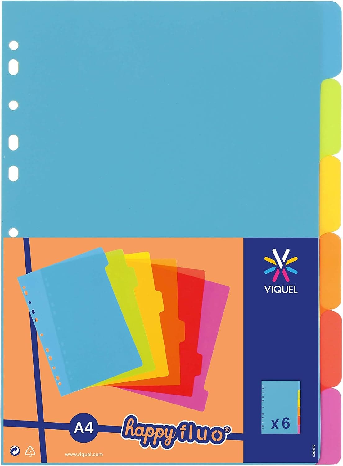 Viquel - Lot de 6 intercalaires en plastique - Format A4 (21x29,7cm) - Pour classeur A4 - Coloris fluo