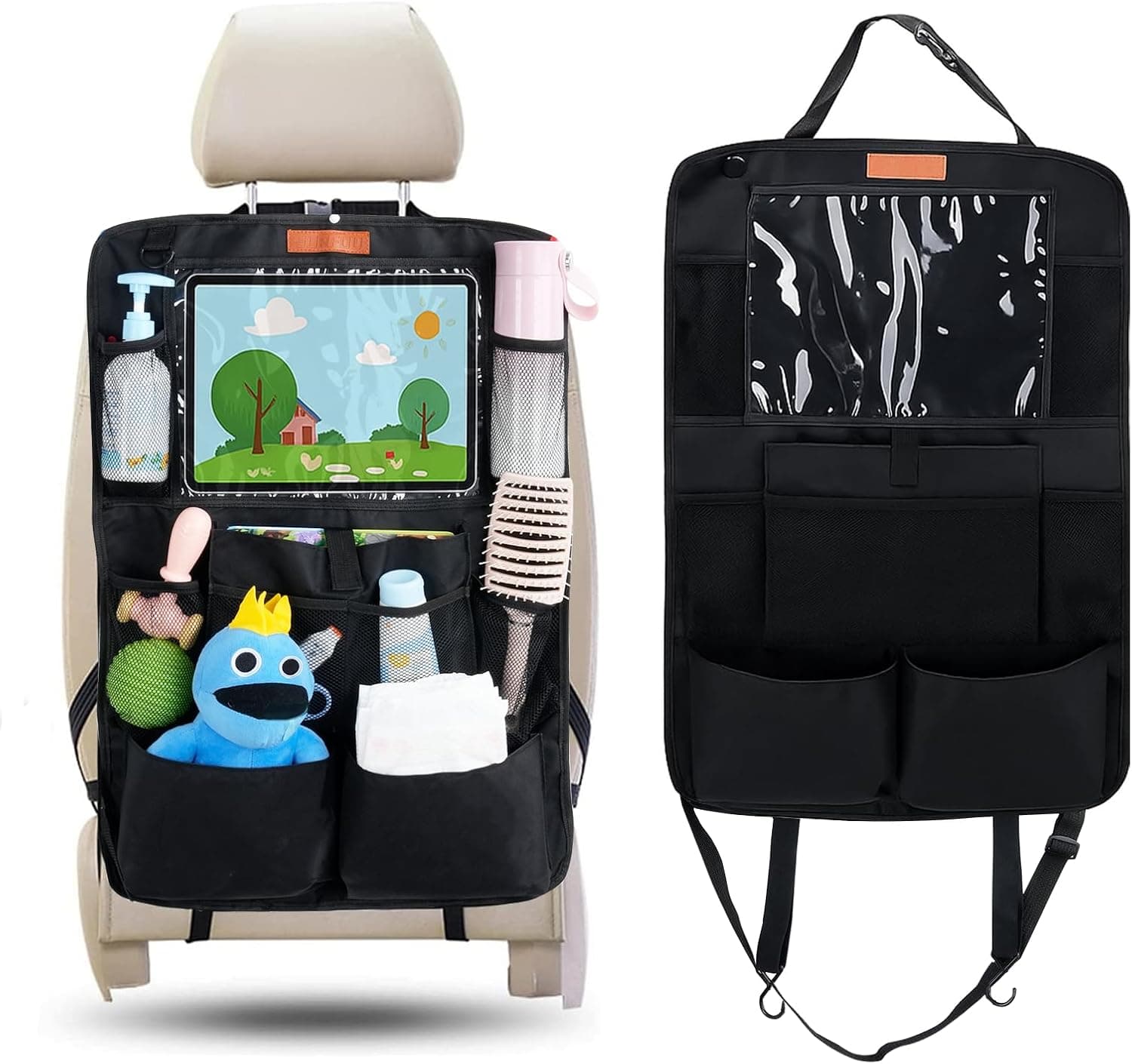 Organisateur Voiture Enfant, Protection Siège Arrière Tissu Oxford Imperméable Anti-Saleté, Rangement Multi-Poches avec Grande Poche pour Jouet et Livres, Accessoire Auto Intérieur, Noir SURFOU
