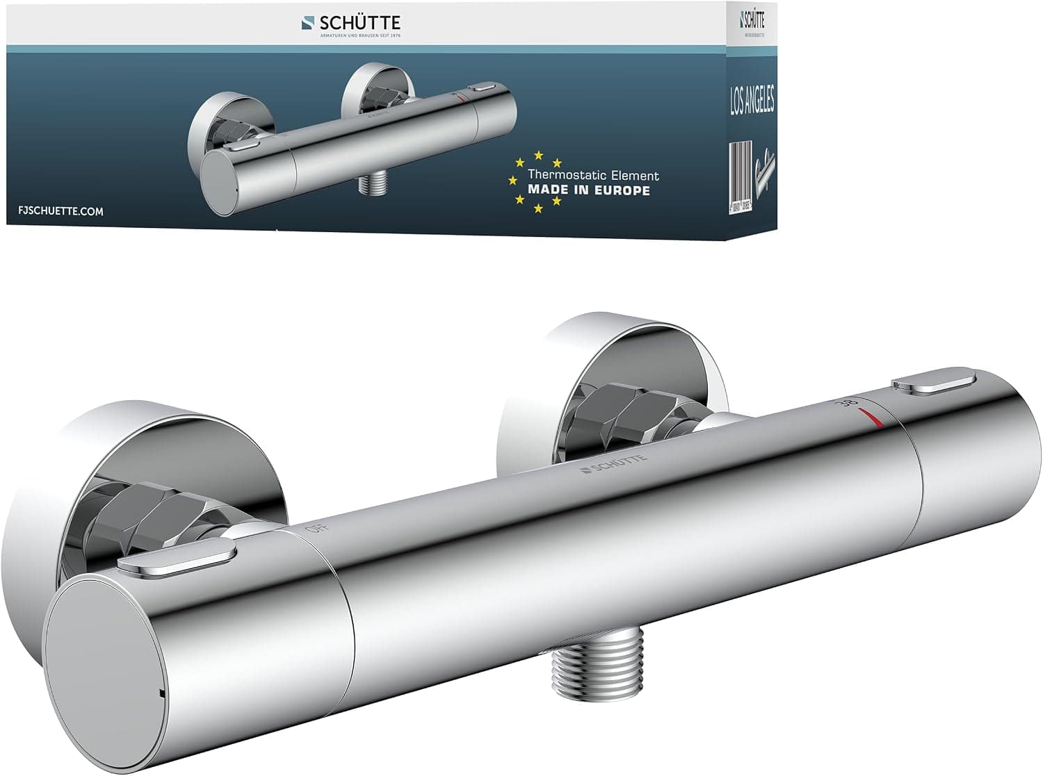 Schütte Los Angeles - Mitigeur Douche Thermostatique 2 Sorties | Chromé, laiton massif, protection anti-brûlure 38 °C, raccord 1/2", robinet douche thermostatique, 2 rosaces incluses