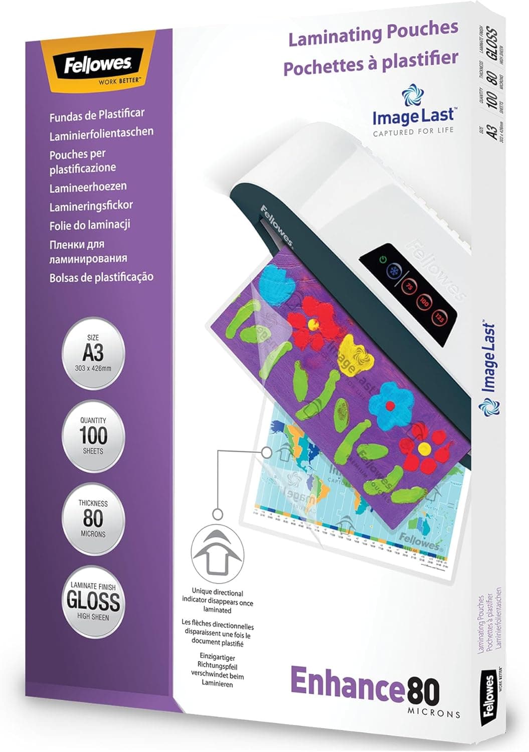 Fellowes Pochette De Plastification 80 Microns Format A3 Pack de 100 Feuilles Plastifieuse A3 Finition Brillante Aspect Haute Qualité Technologie ImageLast Pour Photos Et Notices Enhance 80