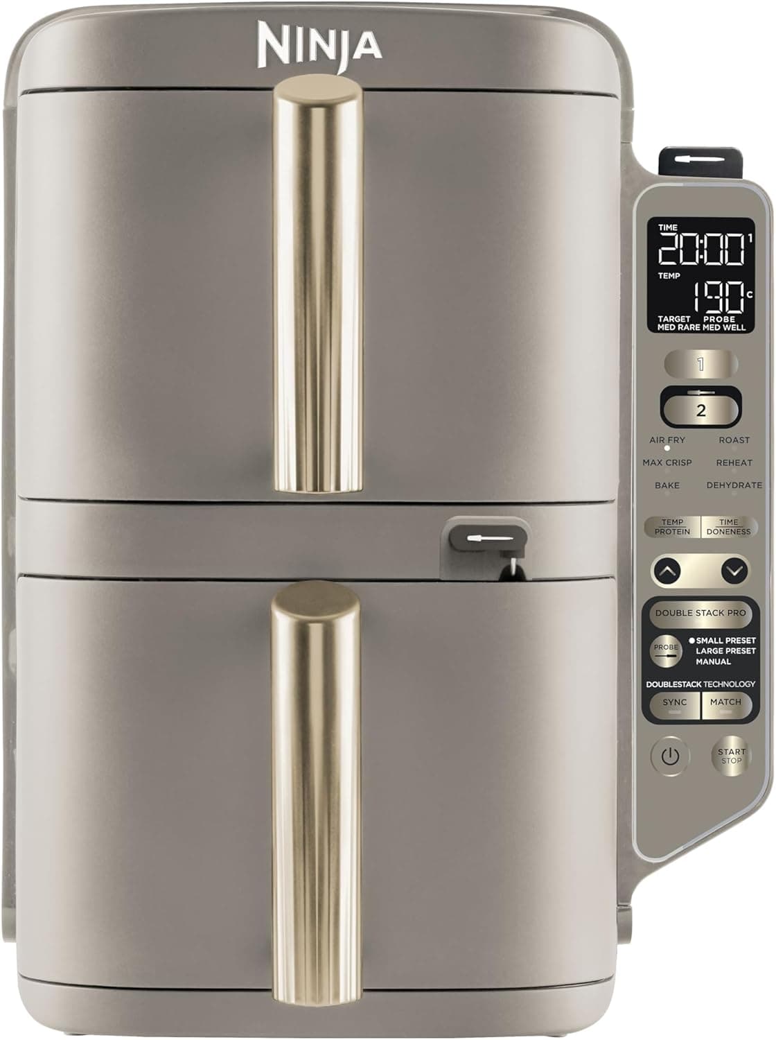 Ninja Double Stack XL avec thermosonde numérique, air fryer vertical à double tiroir avec 4 niveaux de cuisson, 2 grilles, capacité de 9,5 L, 6 modes de cuisson, 8 portions, Pierre/Or SL451EUSD