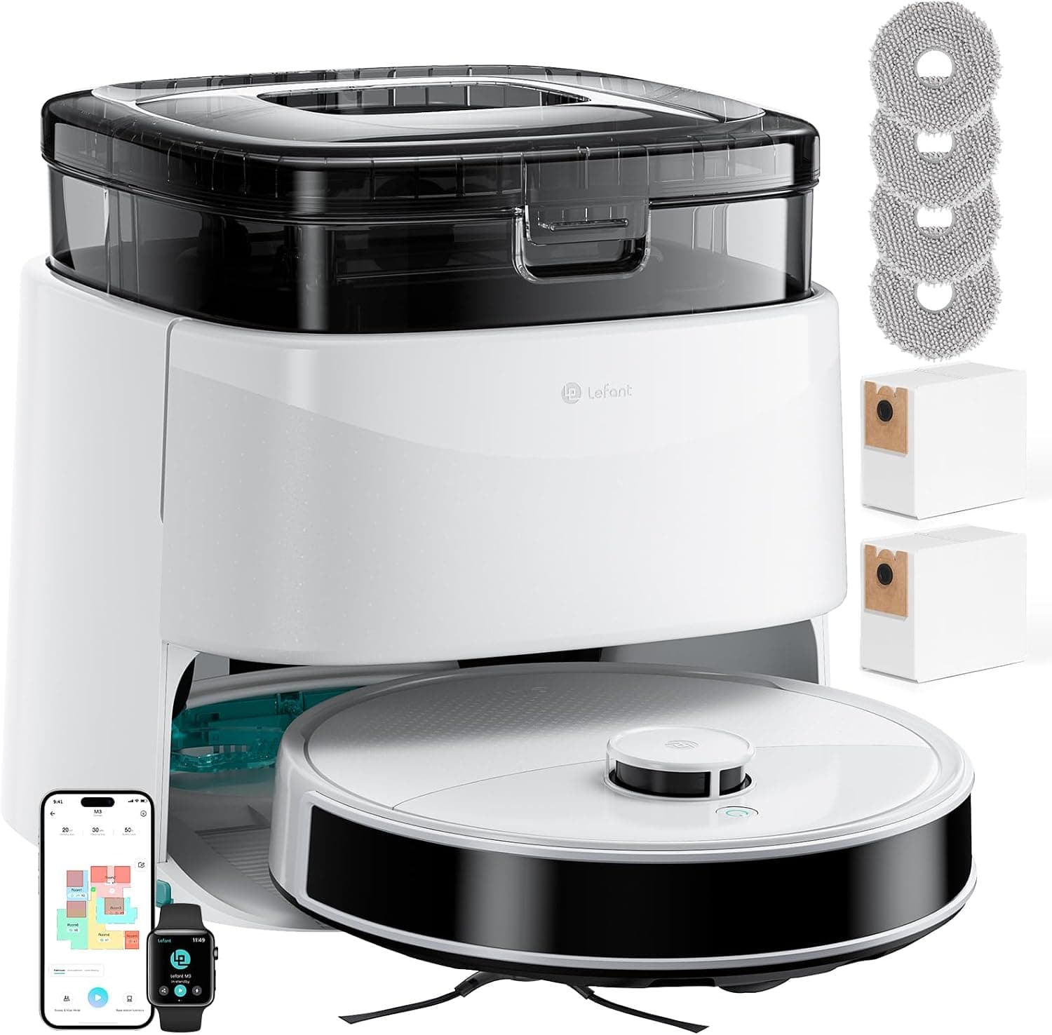 Lefant M3 Robot Aspirateur Laveur 12 000 Pa, Station Multifonctionnelle, Double Serpillière Rotative 200 TR/Min, Navigation dToF, Évitement d'obstacles PSD, 220min, WiFi 5G/APP/Alexa