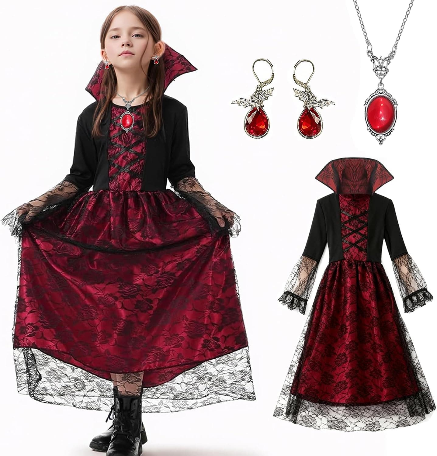 Costume de vampire pour fille - Costume d'Halloween - Costume de reine de vampire pour enfant - Avec collier - Déguisement gothique de vampire - Pour Halloween et cosplay