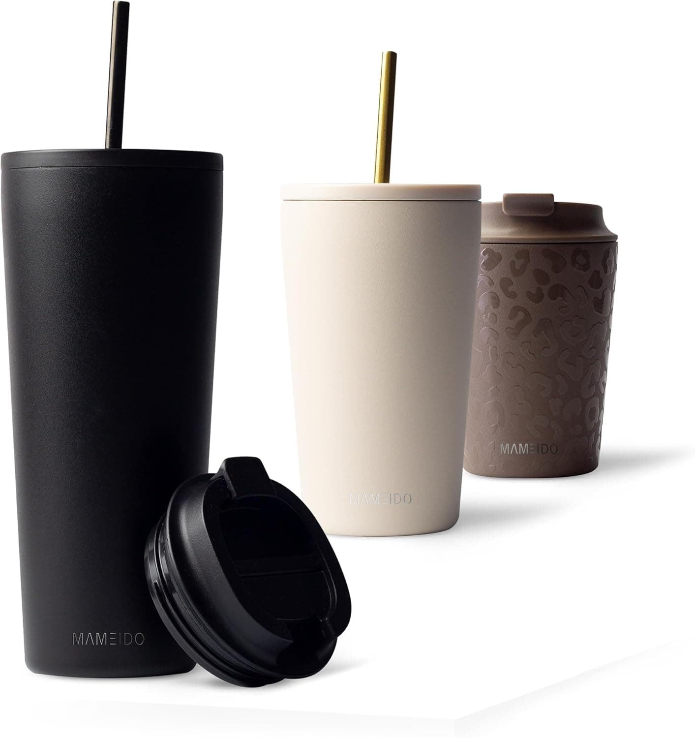 MAMEIDO Mug isotherme avec paille 700 ml (Rich Black) | Couvercle et paille amovible, étanche, en acier inoxydable et sans BPA, compatible porte-gobelet voiture